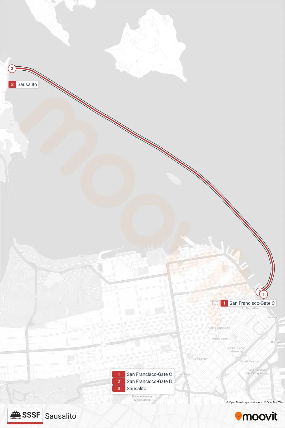 SSSF ferry Line (Sausalito) route and stops on a map