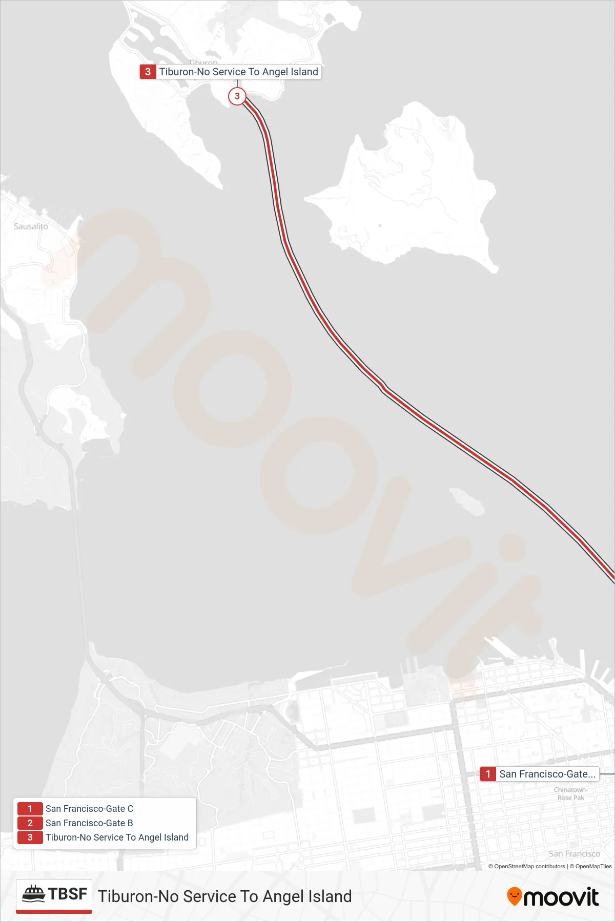 TBSF ferry Line (Tiburon-No Service To Angel Island) route and stops on a map