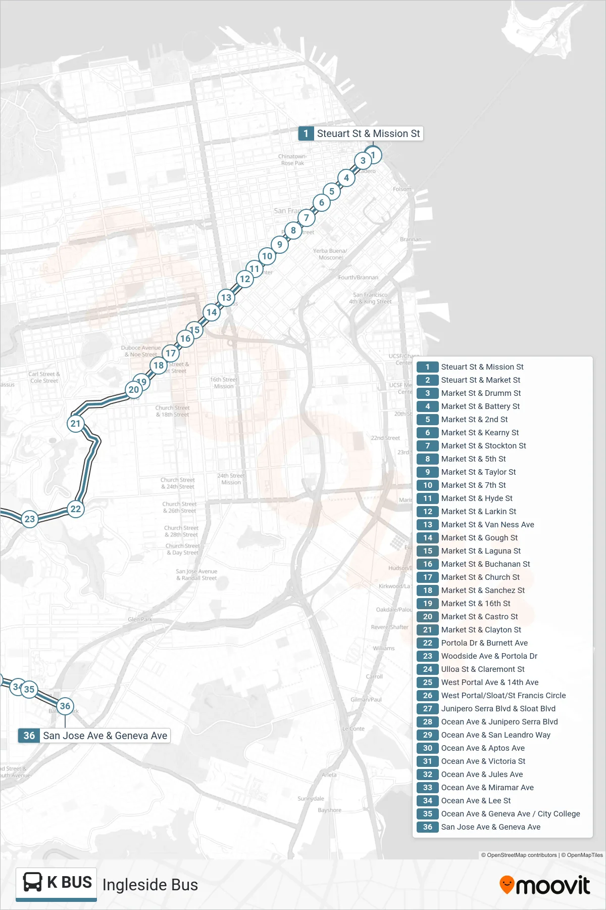 K BUS bus Line (Balboa Park) route and stops on a map