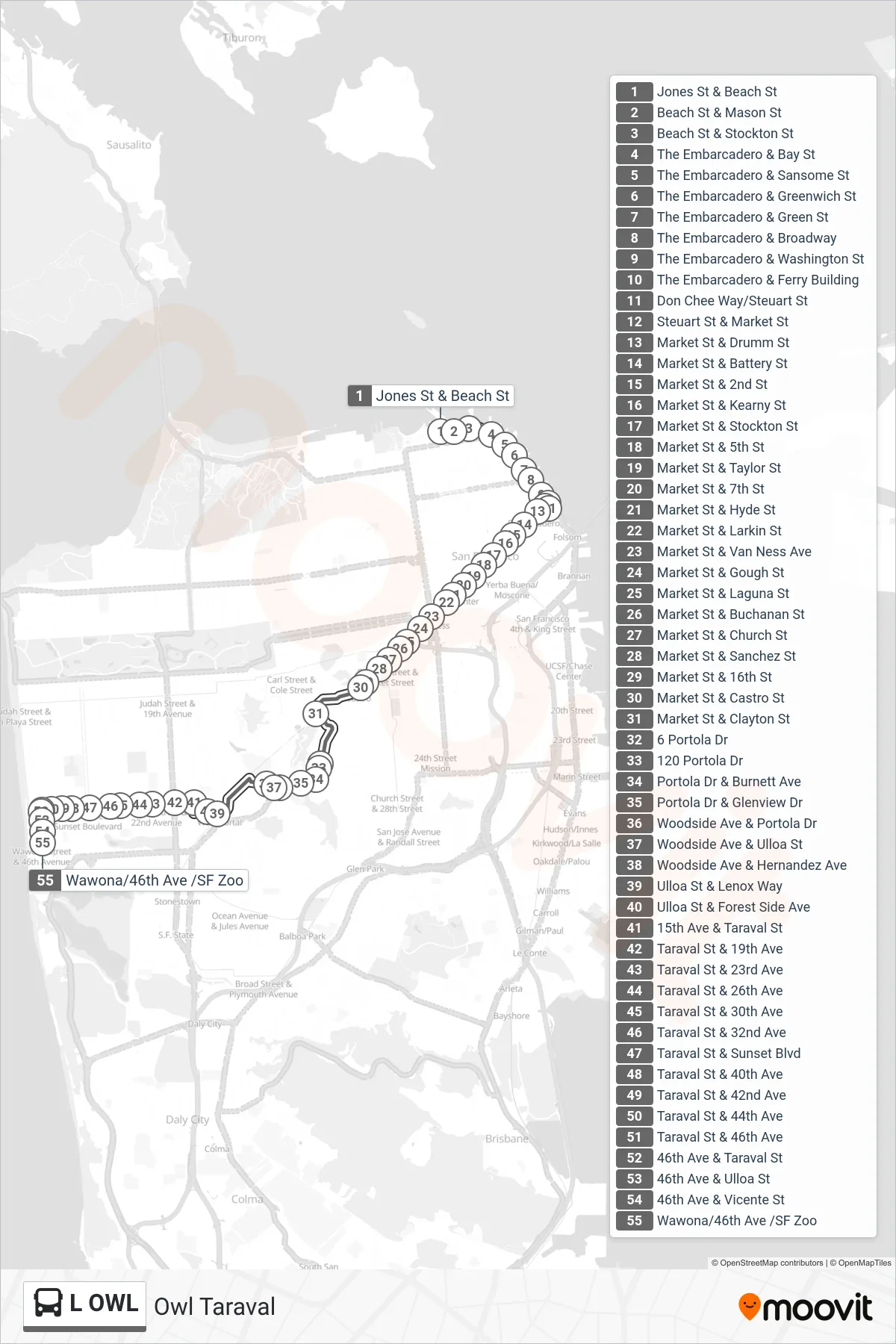 L OWL bus Line (Wawona + 46th Avenue) route and stops on a map