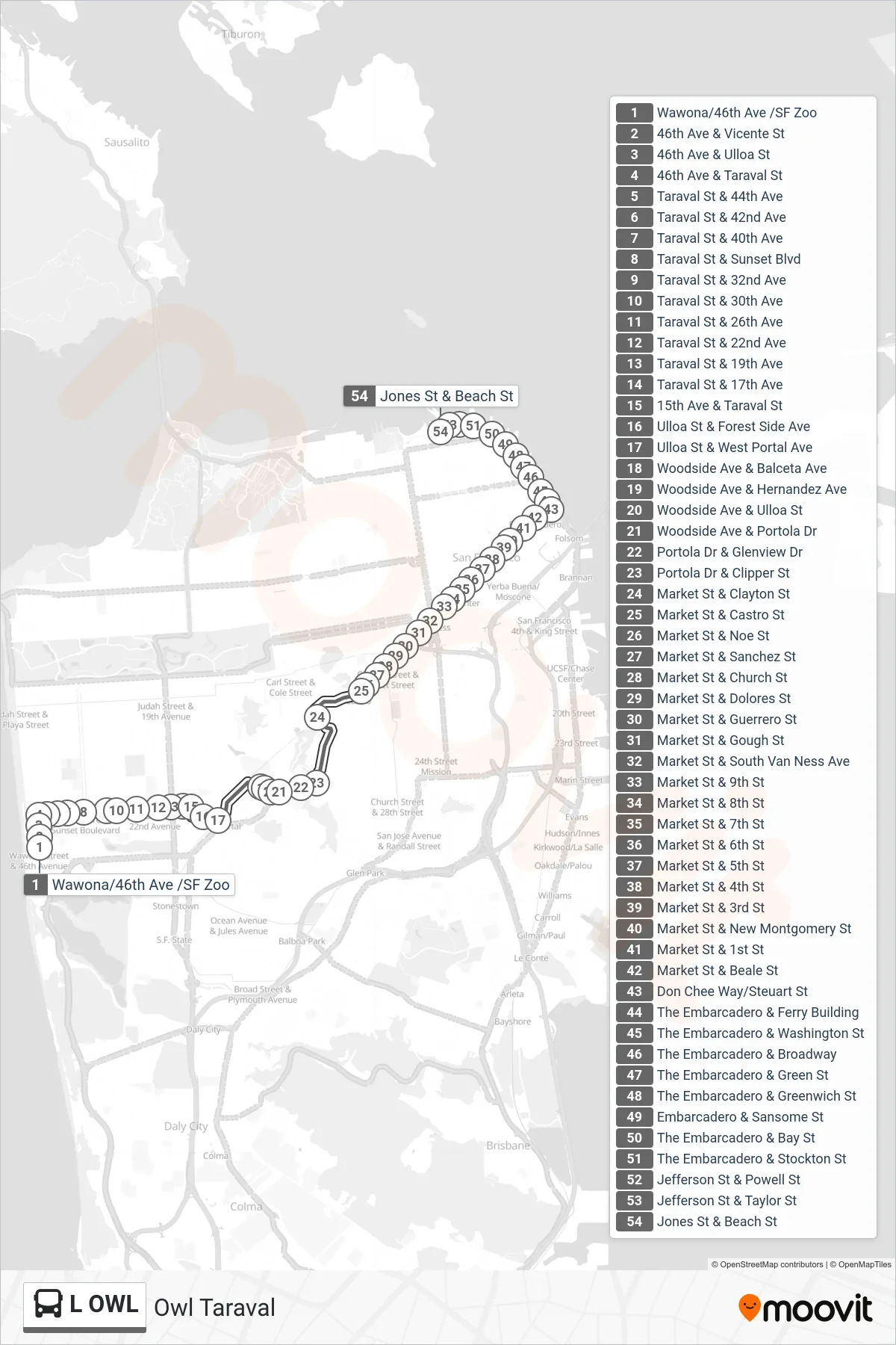 L OWL bus Line (Jones & Beach) route and stops on a map