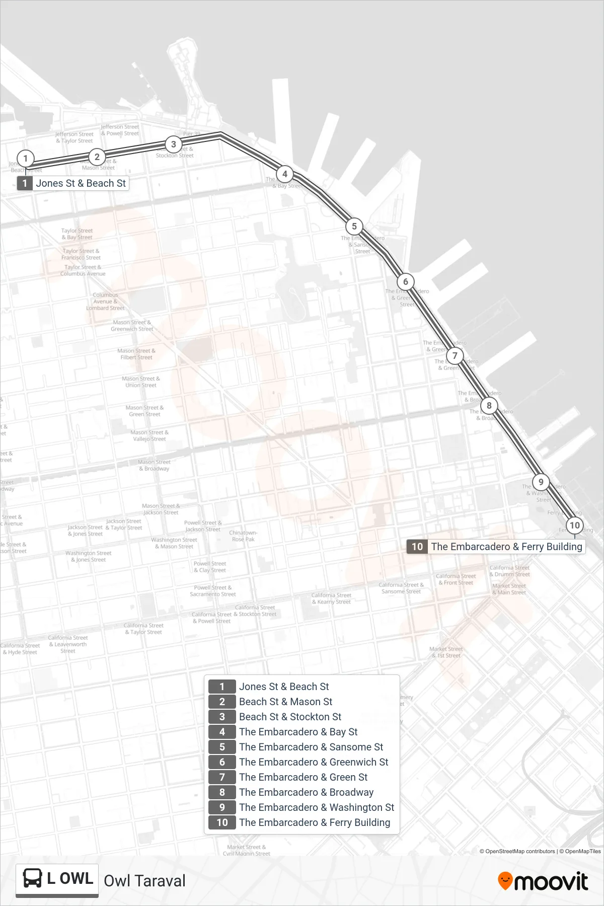 L OWL bus Line (Ferry Terminal) route and stops on a map
