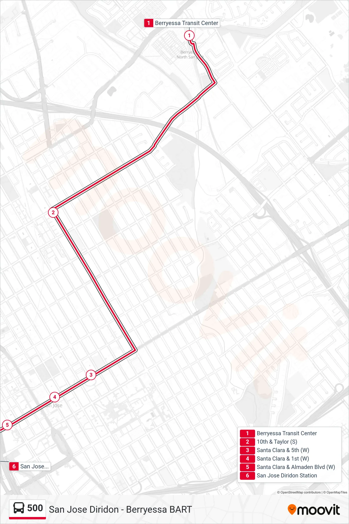 500 bus Line (Rapid SJ Diridon) route and stops on a map