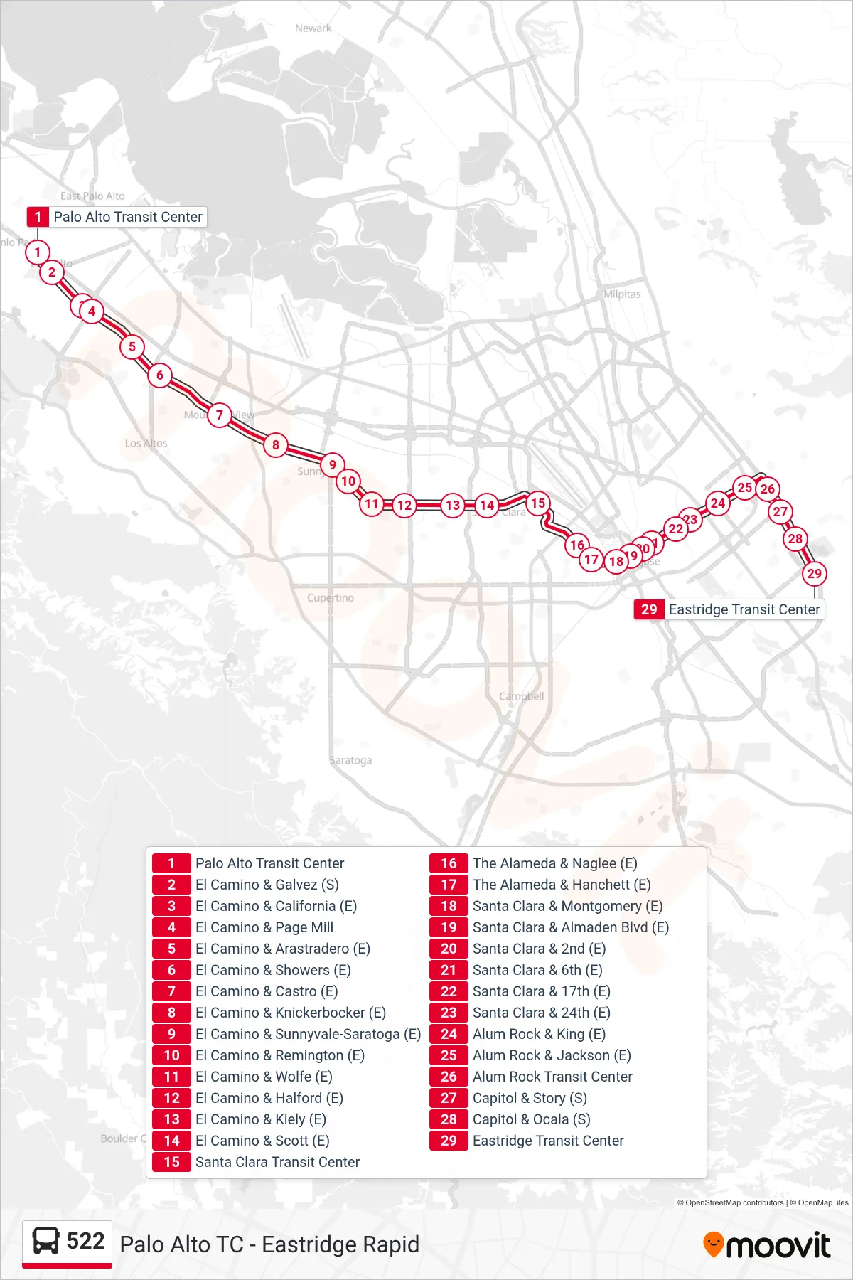 522 bus Line (Rapid Eastridge) route and stops on a map