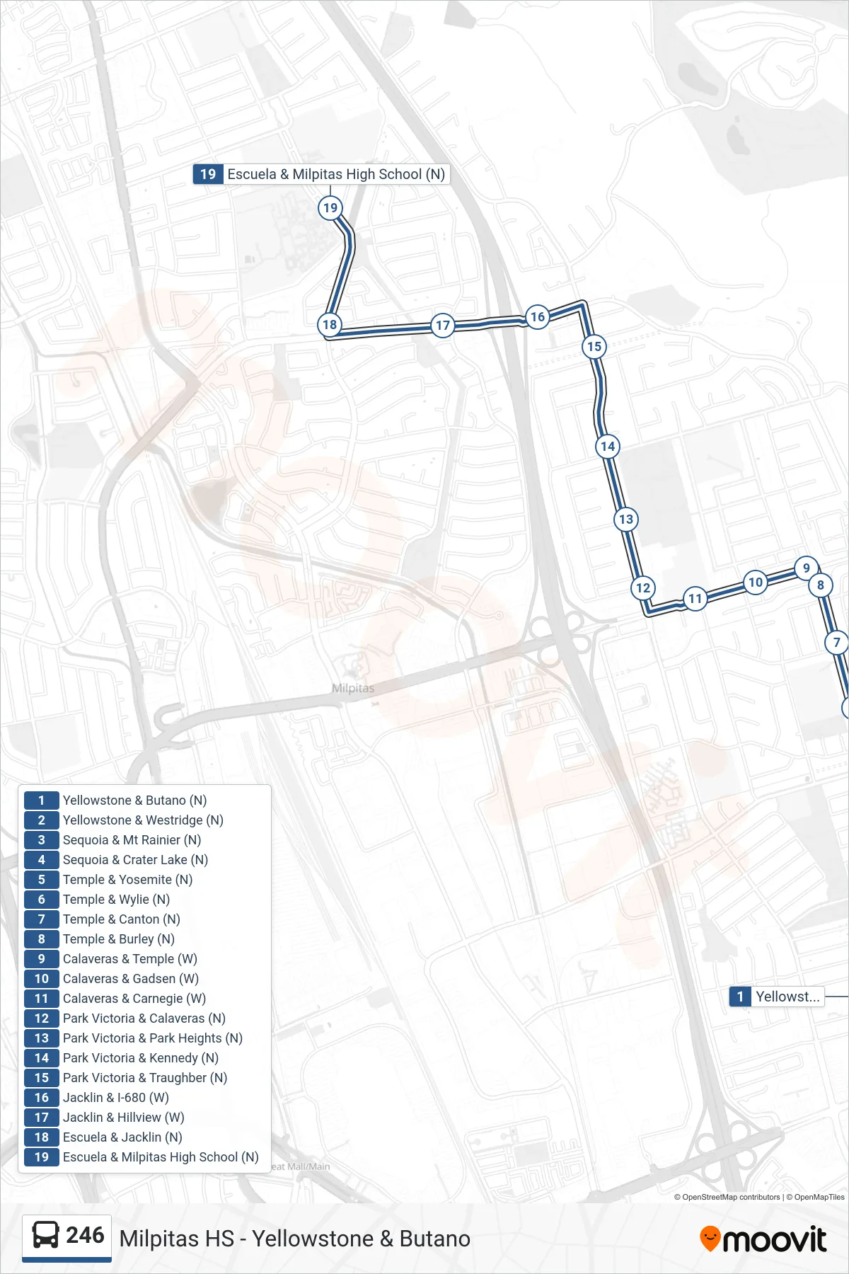 246 bus Line (Milpitas High School) route and stops on a map