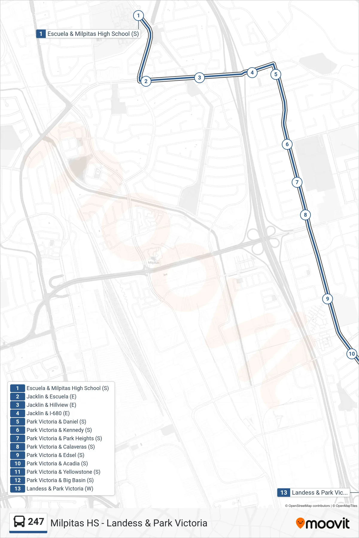 247 bus Line (Landess & Park Victoria) route and stops on a map