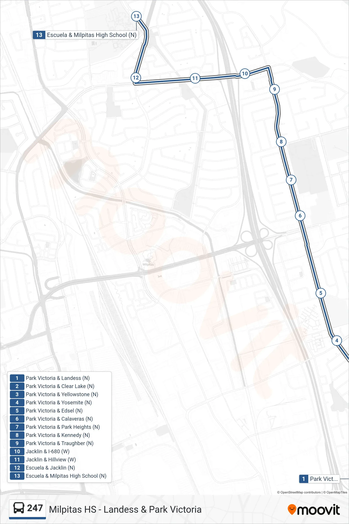 247 bus Line (Milpitas High School) route and stops on a map