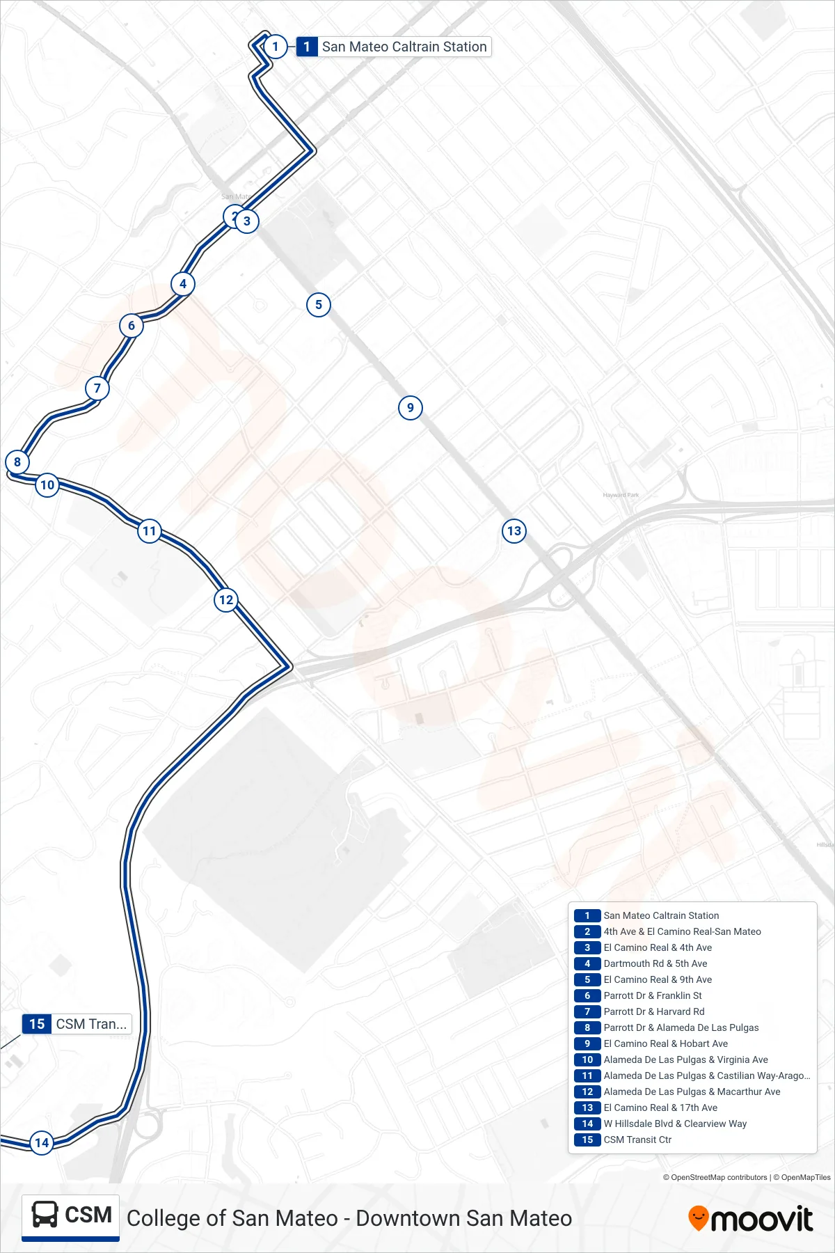 CSM bus Line (College of San Mateo) route and stops on a map