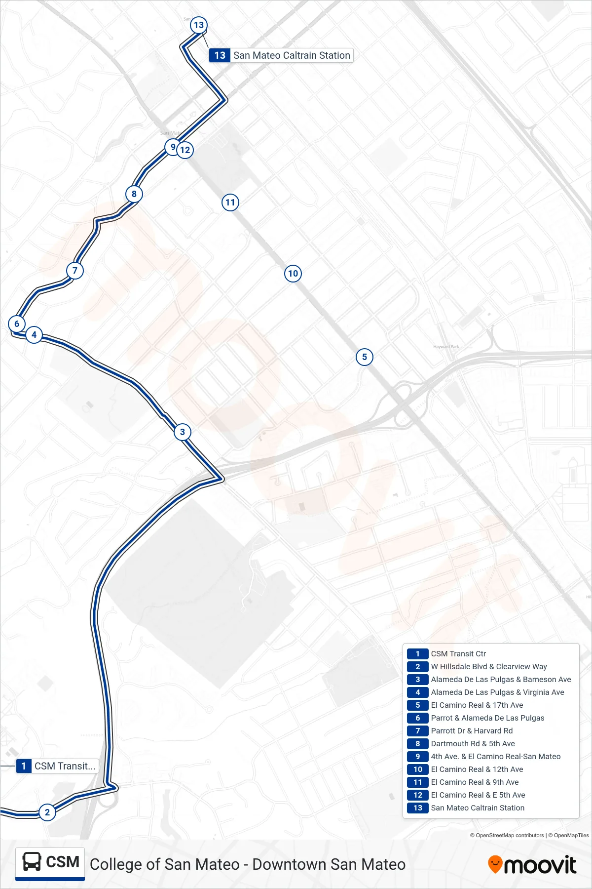 CSM bus Line (San Mateo Caltrain) route and stops on a map