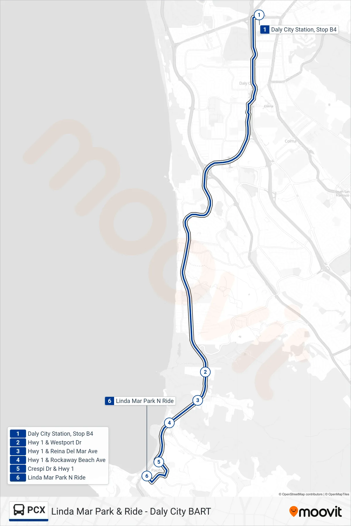 PCX bus Line (Linda Mar Park & Ride) route and stops on a map