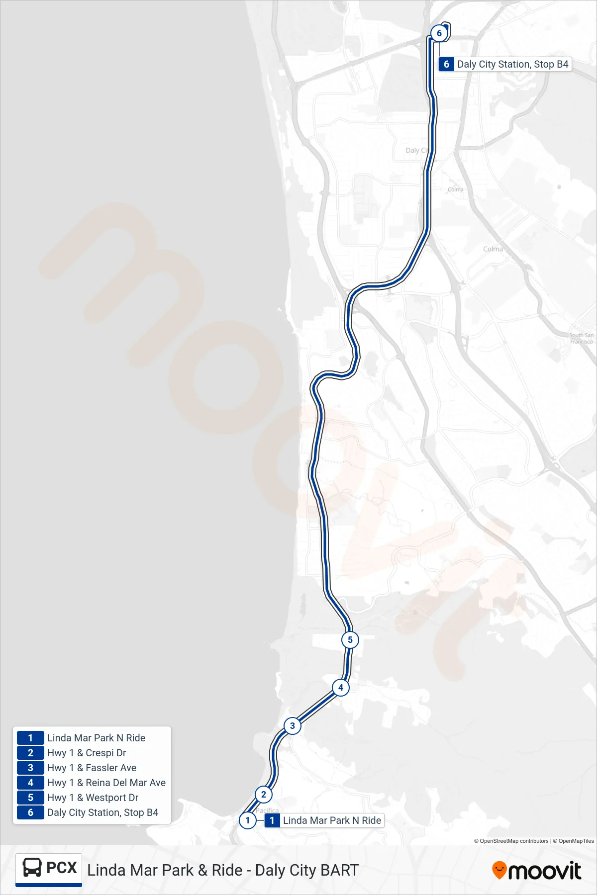 PCX bus Line (Daly City BART) route and stops on a map