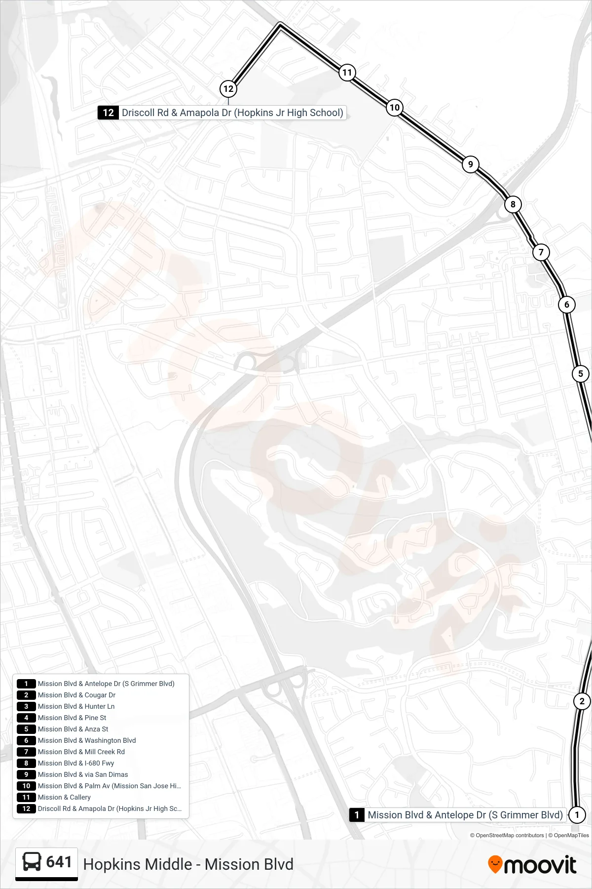 641 bus Line (Hopkins Middle School) route and stops on a map