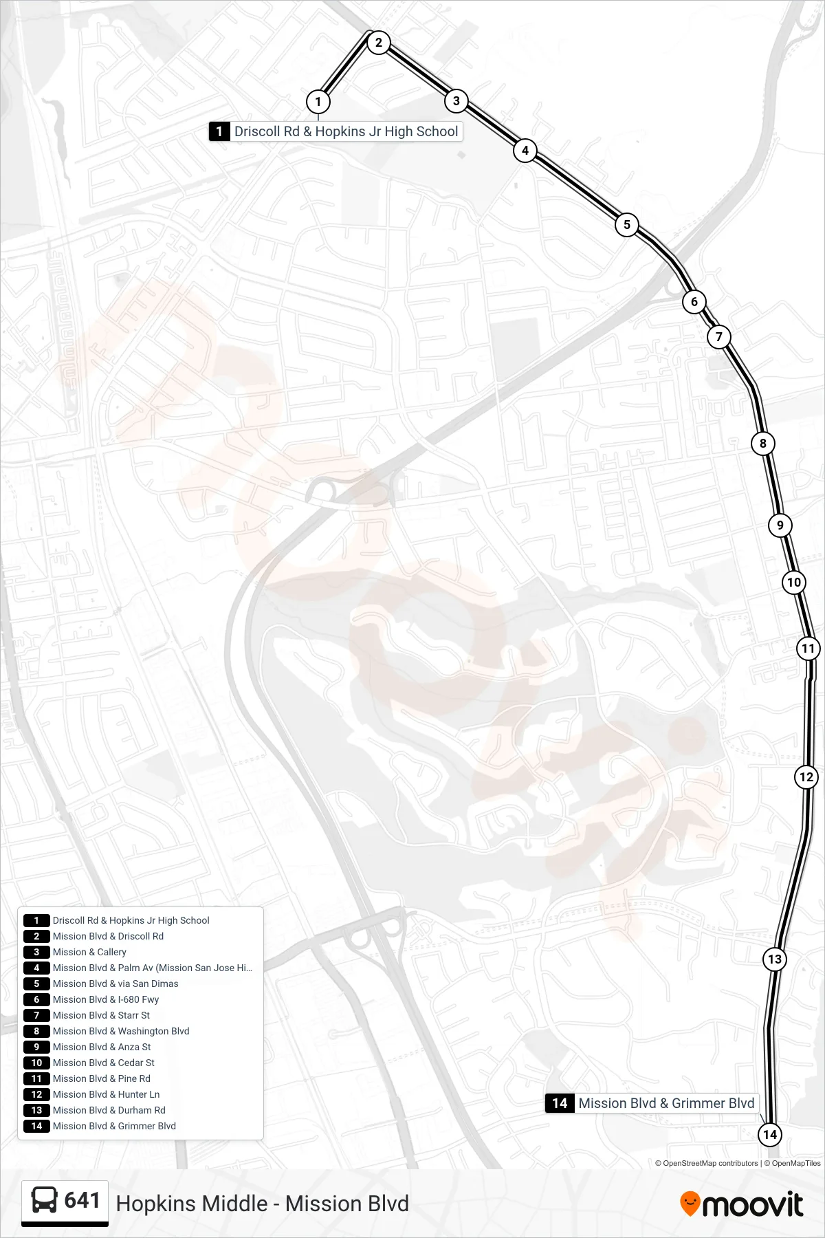 641 bus Line (Mission Blvd. & Grimmer Blvd.) route and stops on a map