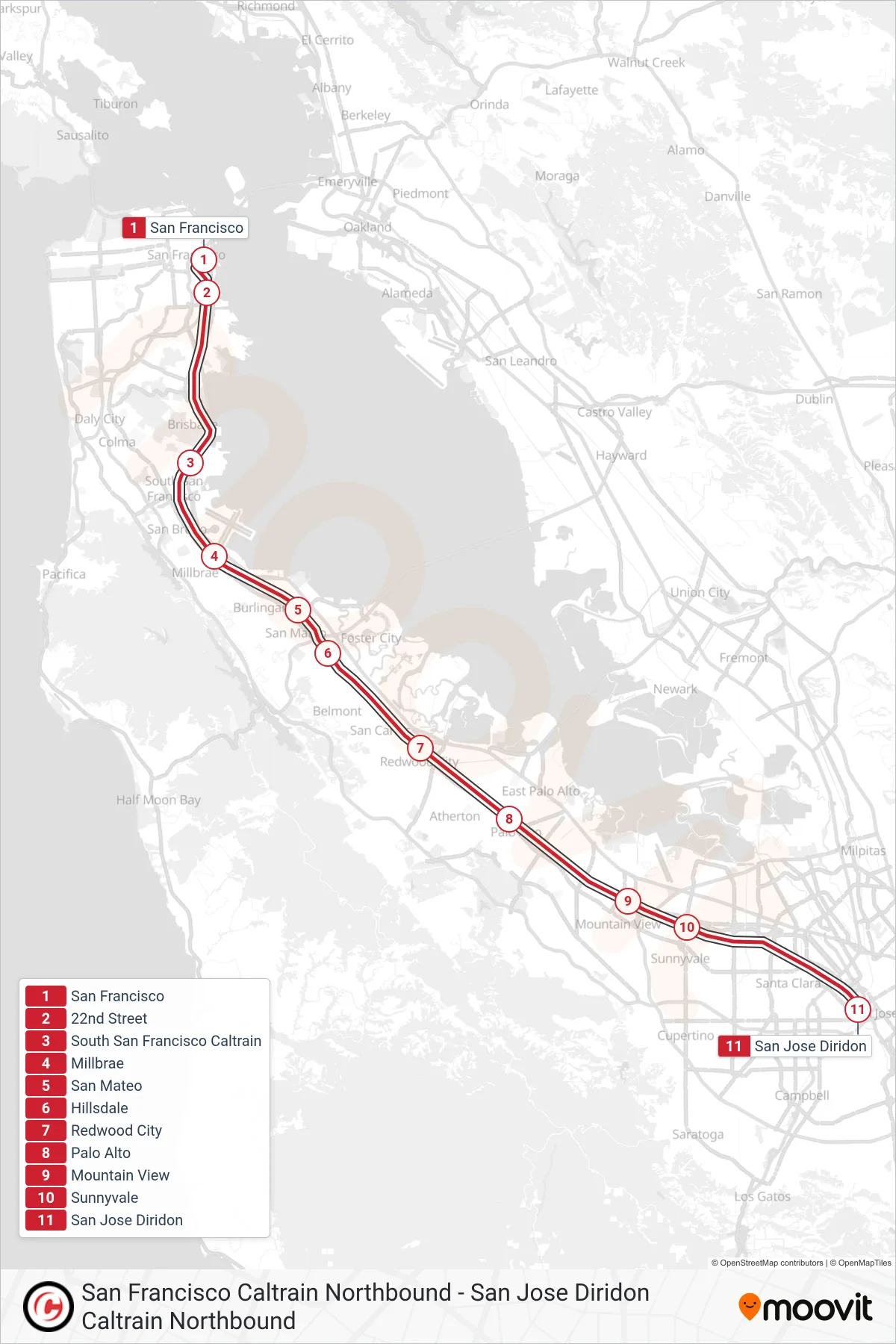 EXPRESS rail Line (#502| San Jose Diridon) route and stops on a map