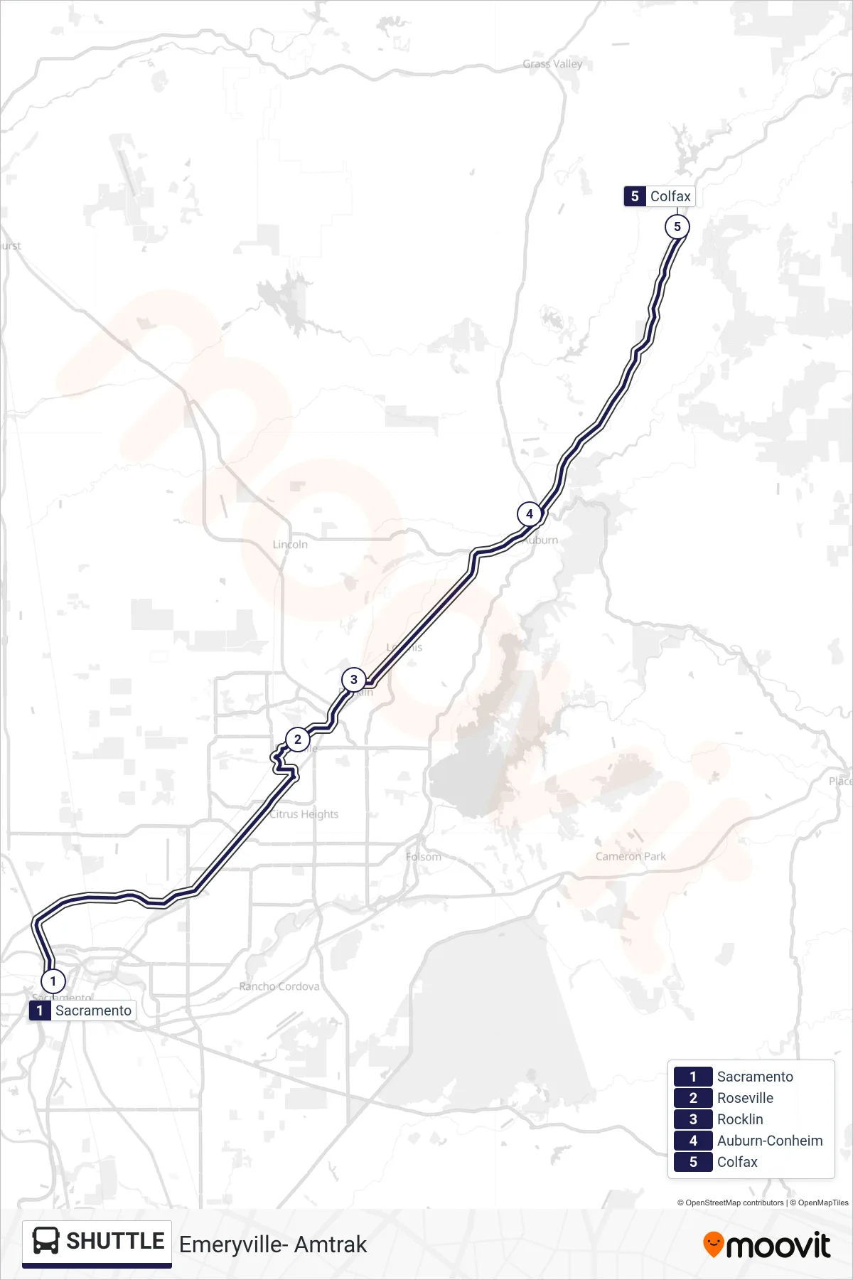 SHUTTLE bus Line (Emeryville- Amtrak) route and stops on a map