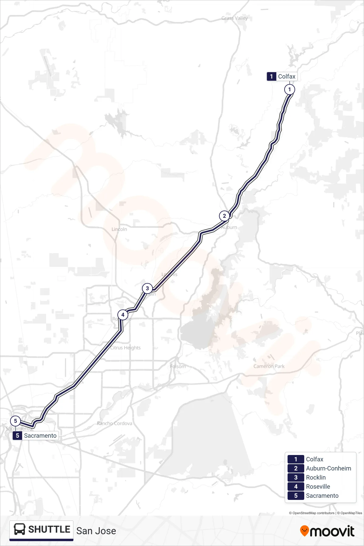 SHUTTLE bus Line (San Jose) route and stops on a map