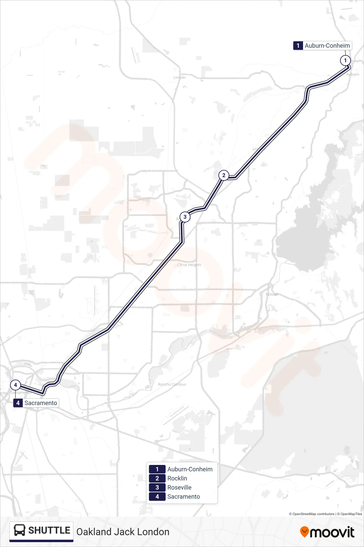 SHUTTLE bus Line (Oakland Jack London) route and stops on a map