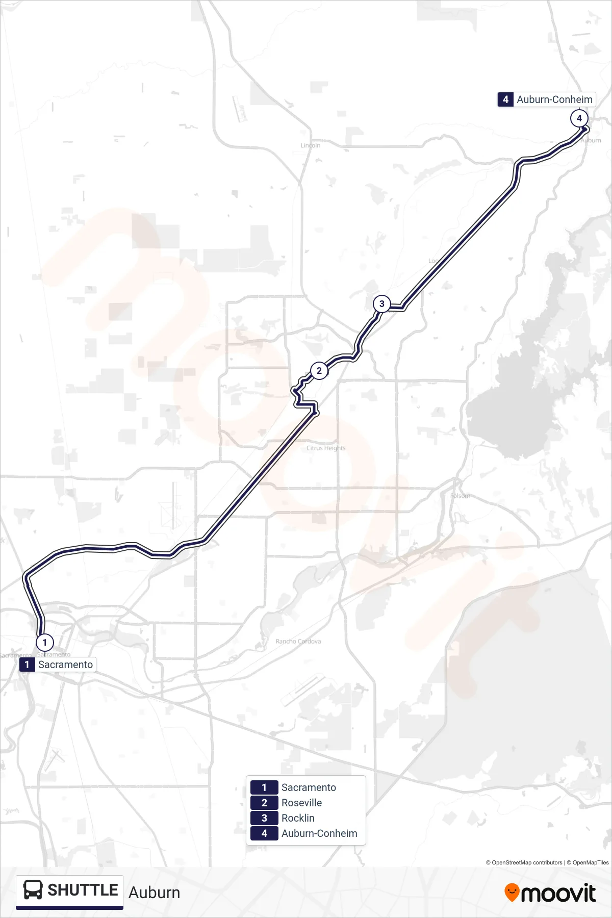 SHUTTLE bus Line (Auburn) route and stops on a map