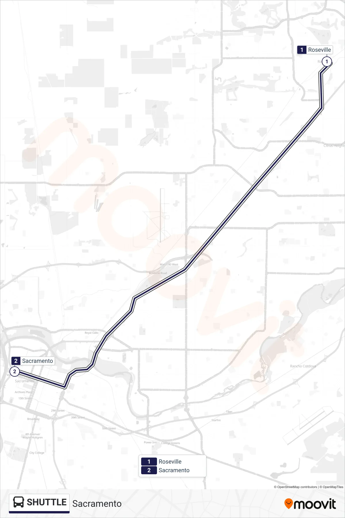 SHUTTLE bus Line (Sacramento) route and stops on a map