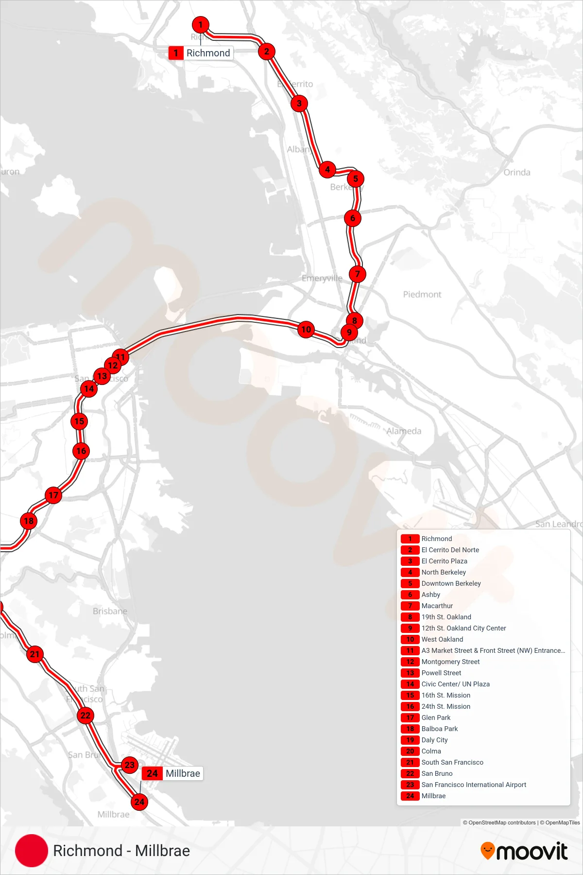 RED subway Line (SF / SFO Airport / Millbrae) route and stops on a map