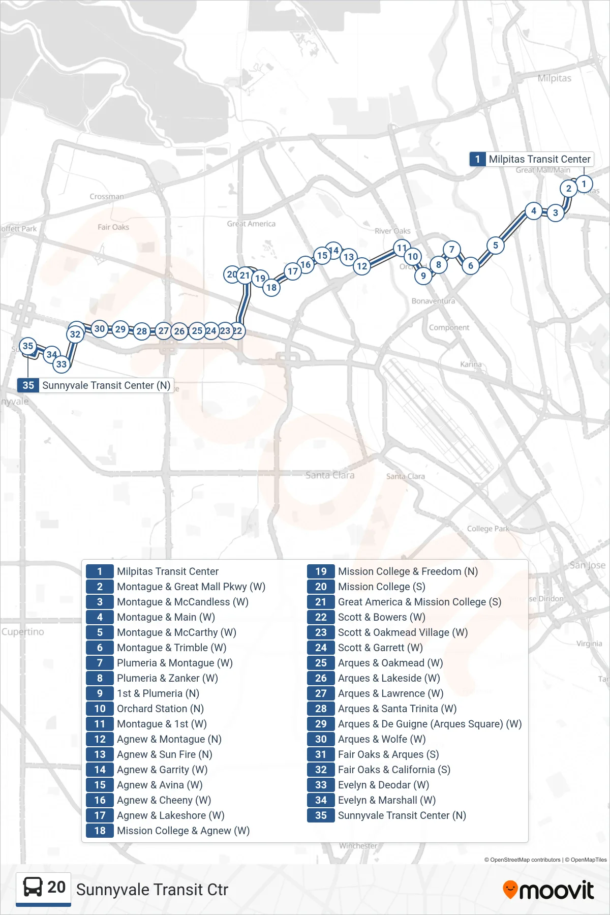 20 bus Line (Sunnyvale Transit Ctr) route and stops on a map