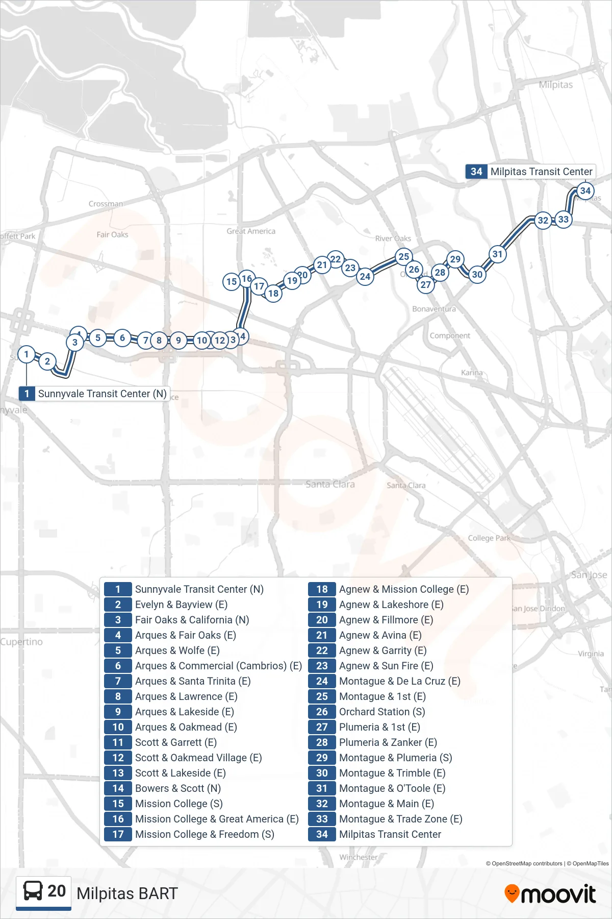 20 bus Line (Milpitas BART) route and stops on a map