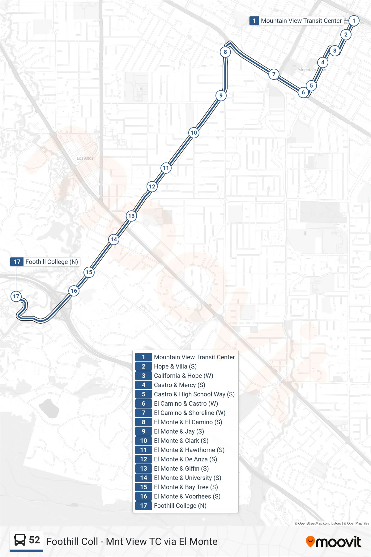 52 bus Line (Foothill College) route and stops on a map