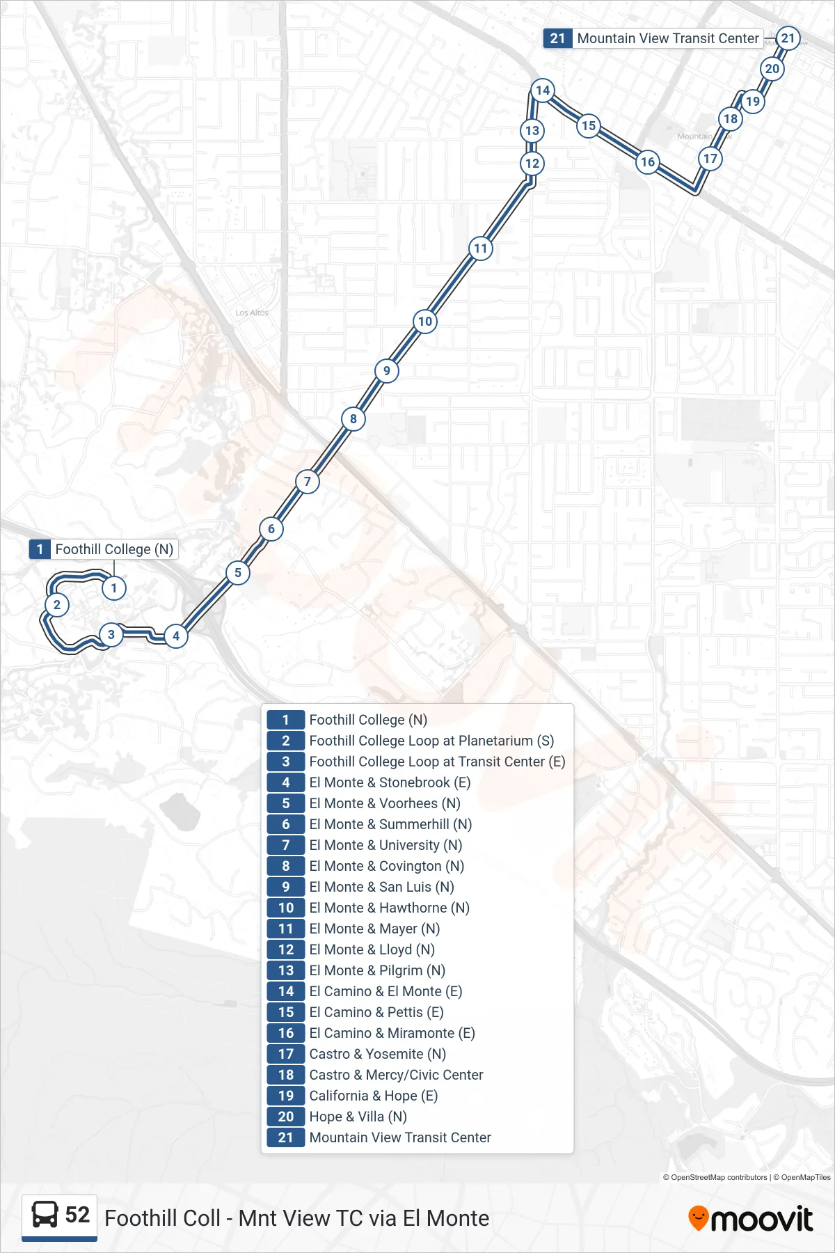 52 bus Line (Mountain View Transit Ctr) route and stops on a map