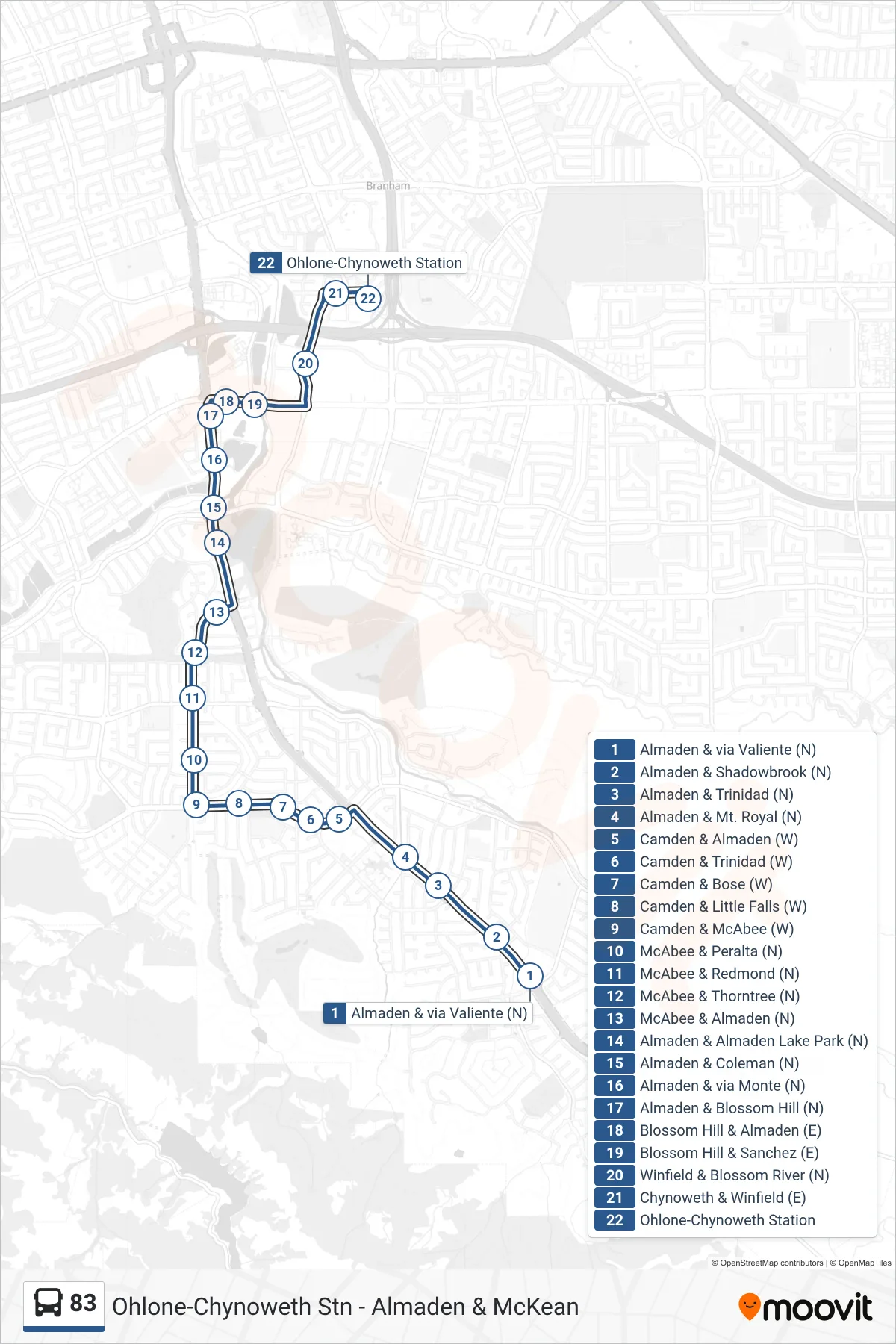 83 bus Line (Ohlone-Chynoweth Station) route and stops on a map