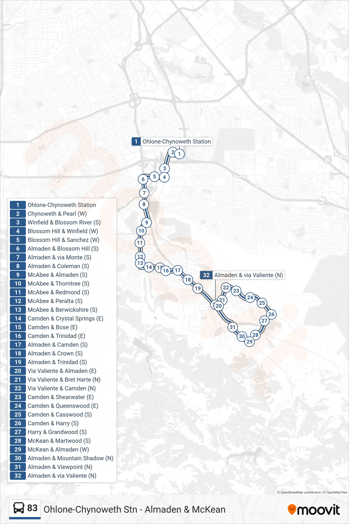 83 bus Line (Almaden & McKean) route and stops on a map