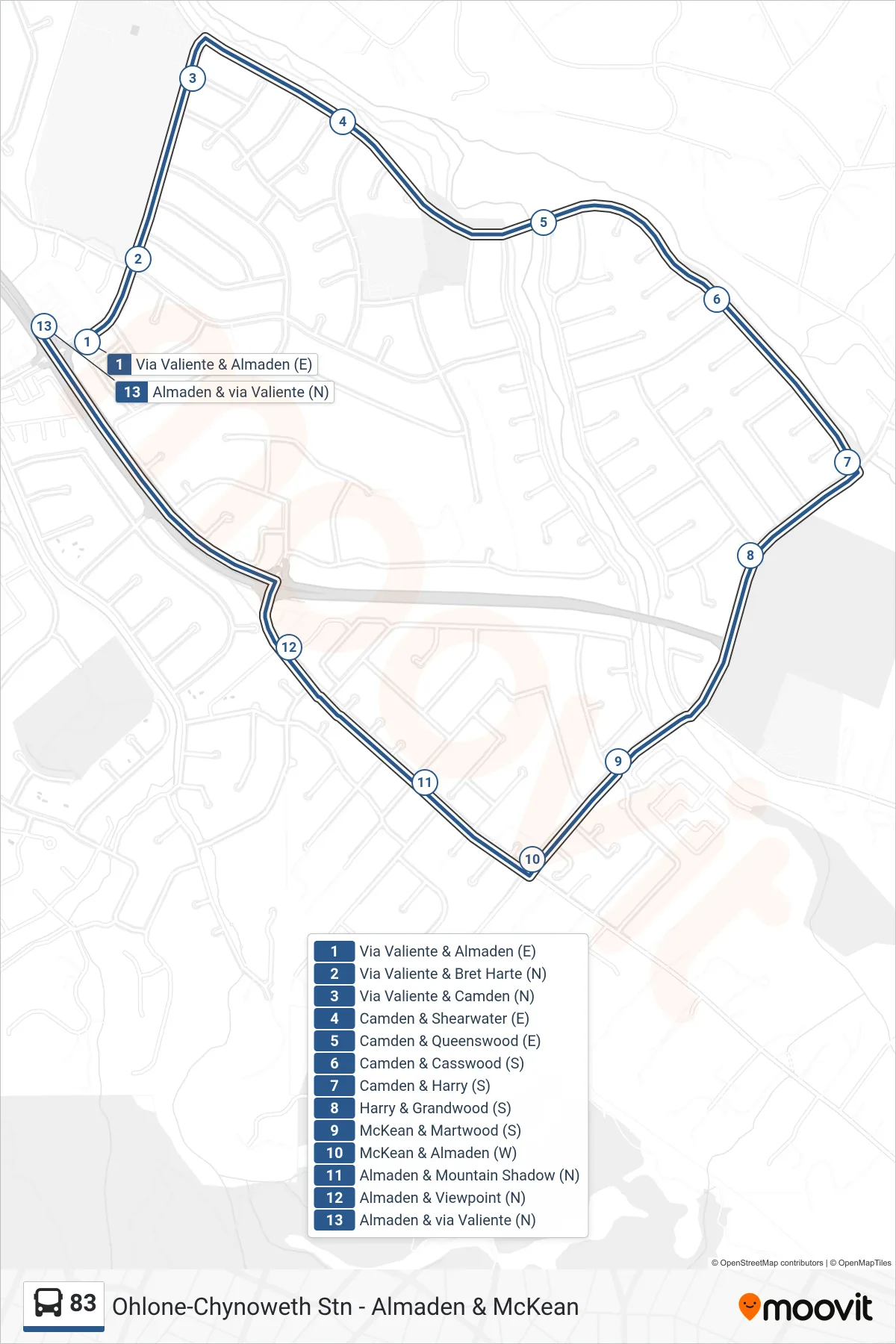 83 bus Line (Ohlone-Chynoweth Station) route and stops on a map