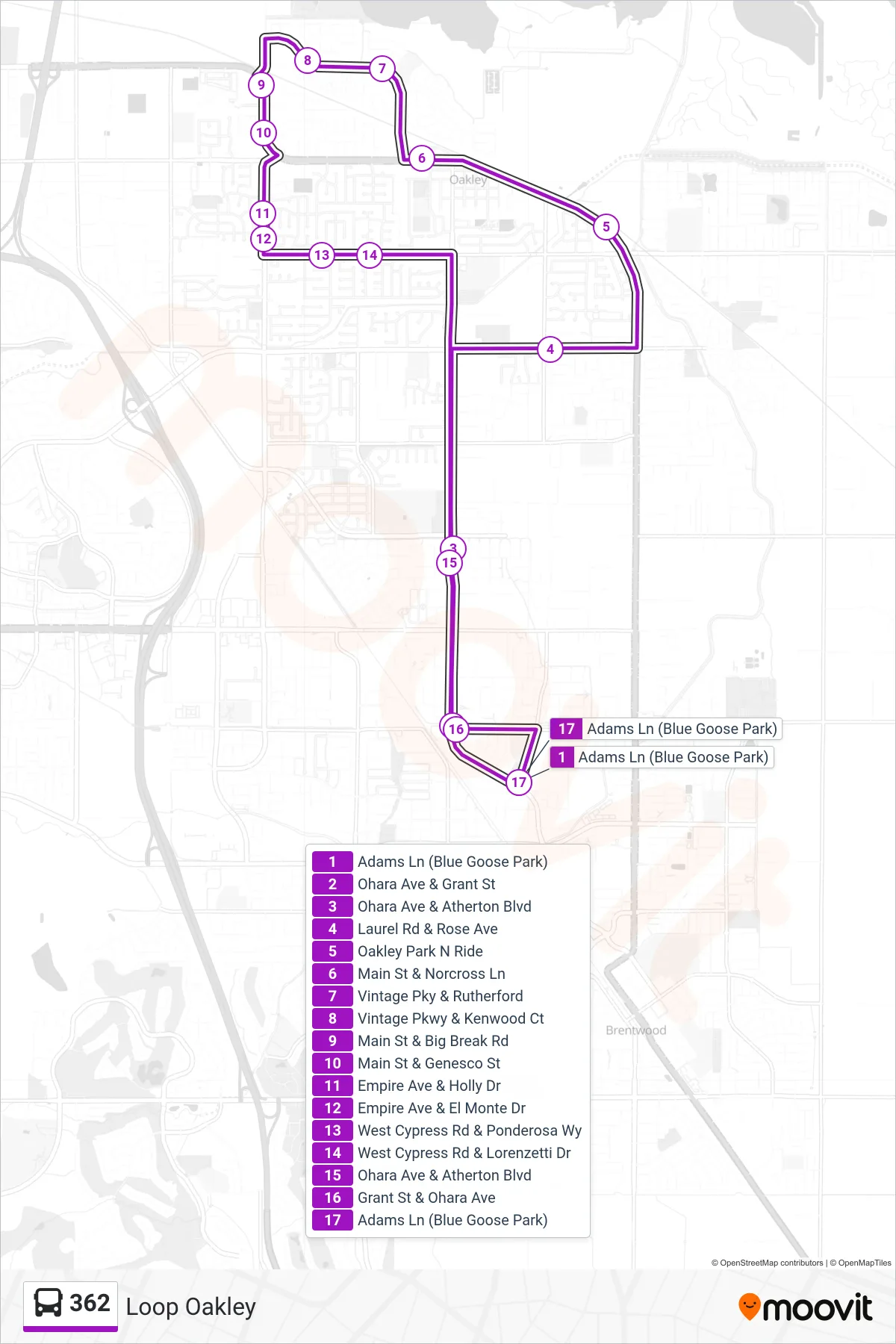 362 bus Line (Loop Oakley) route and stops on a map