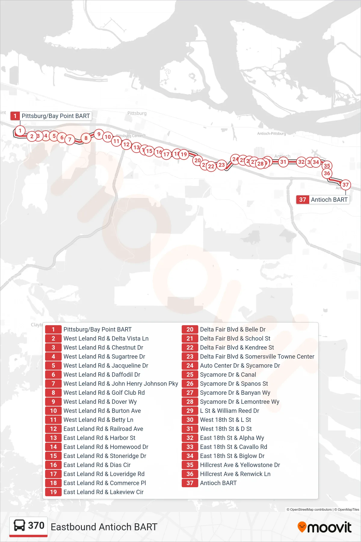 370 bus Line (Eastbound Antioch BART) route and stops on a map