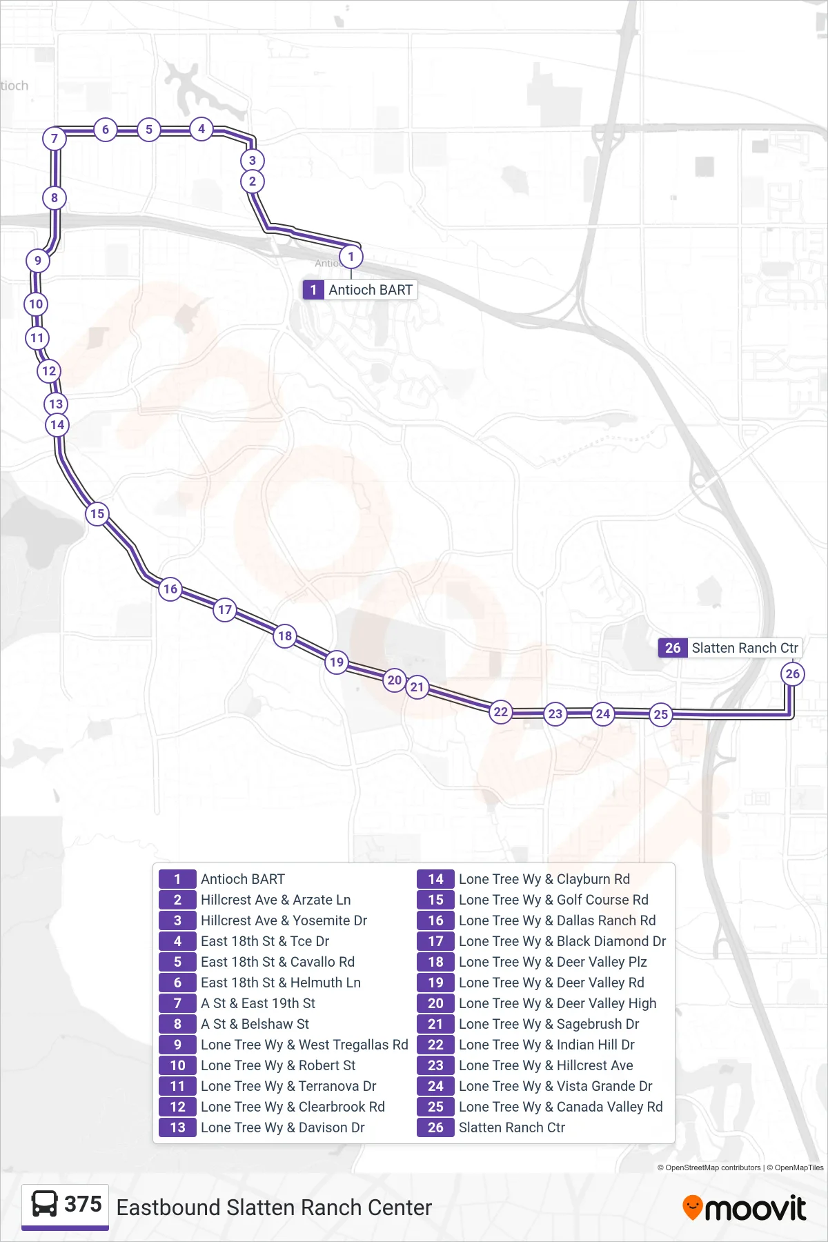 375 bus Line (Eastbound Slatten Ranch Center) route and stops on a map