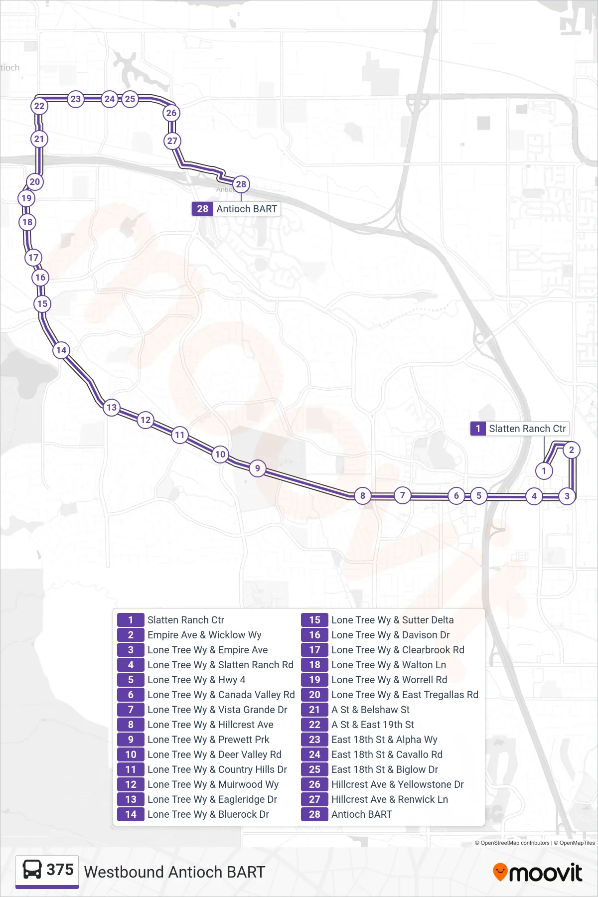 375 bus Line (Westbound Antioch BART) route and stops on a map