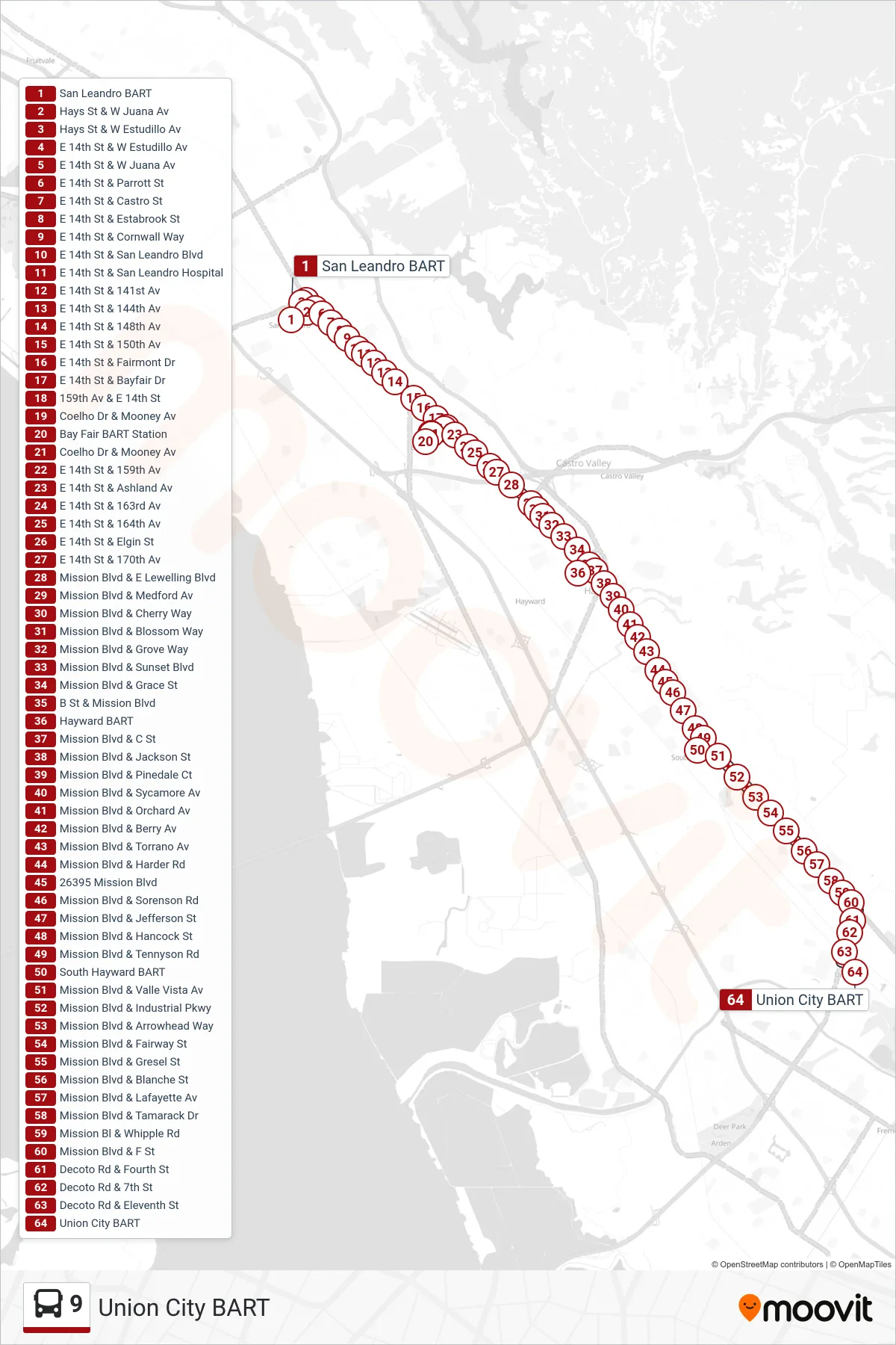 9 bus Line (Union City BART) route and stops on a map