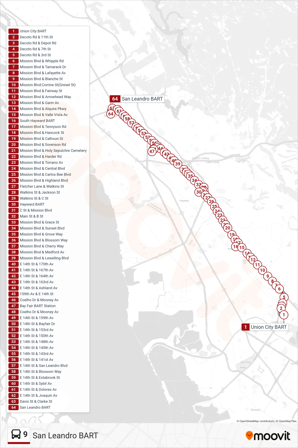 9 bus Line (San Leandro BART) route and stops on a map