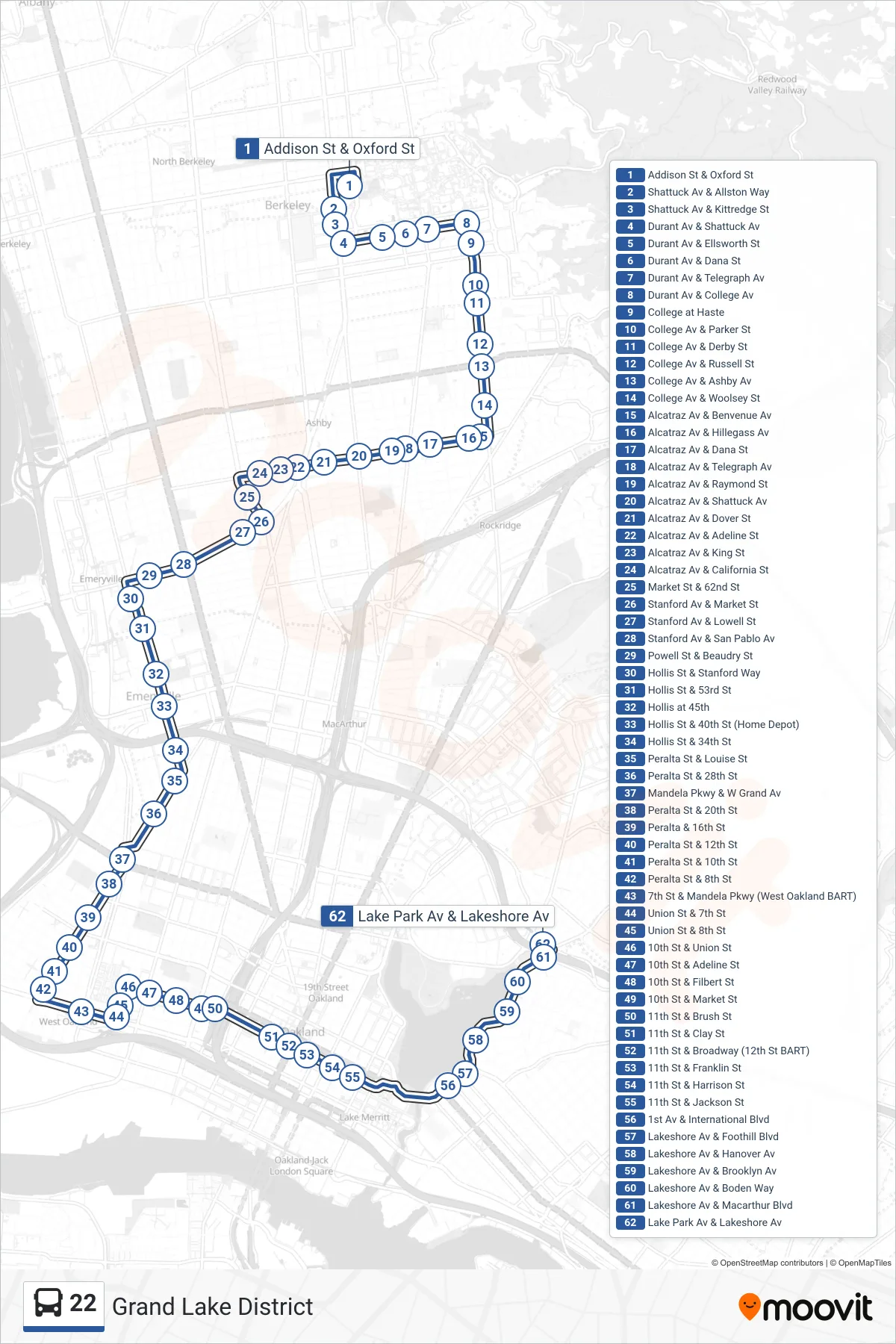 22 bus Line (Grand Lake District) route and stops on a map