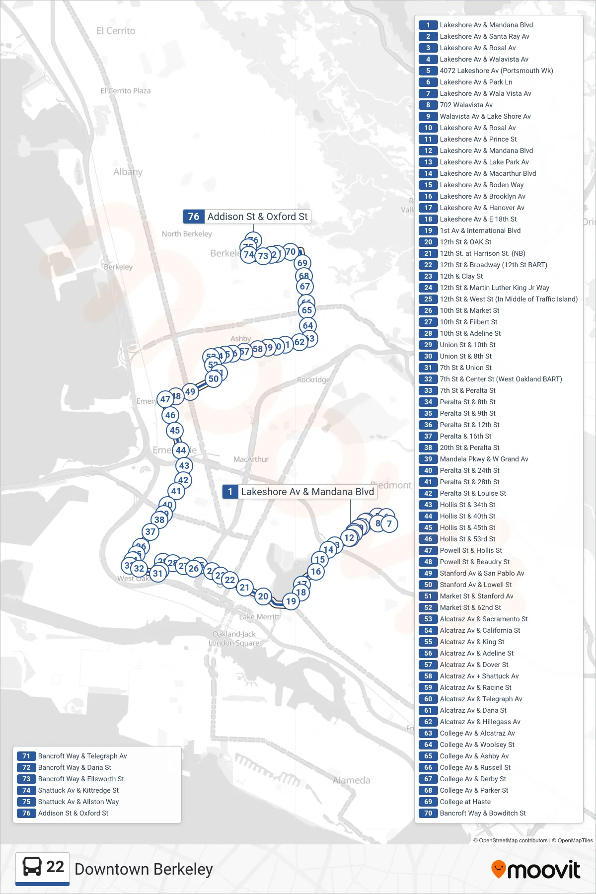 22 bus Line (Downtown Berkeley) route and stops on a map