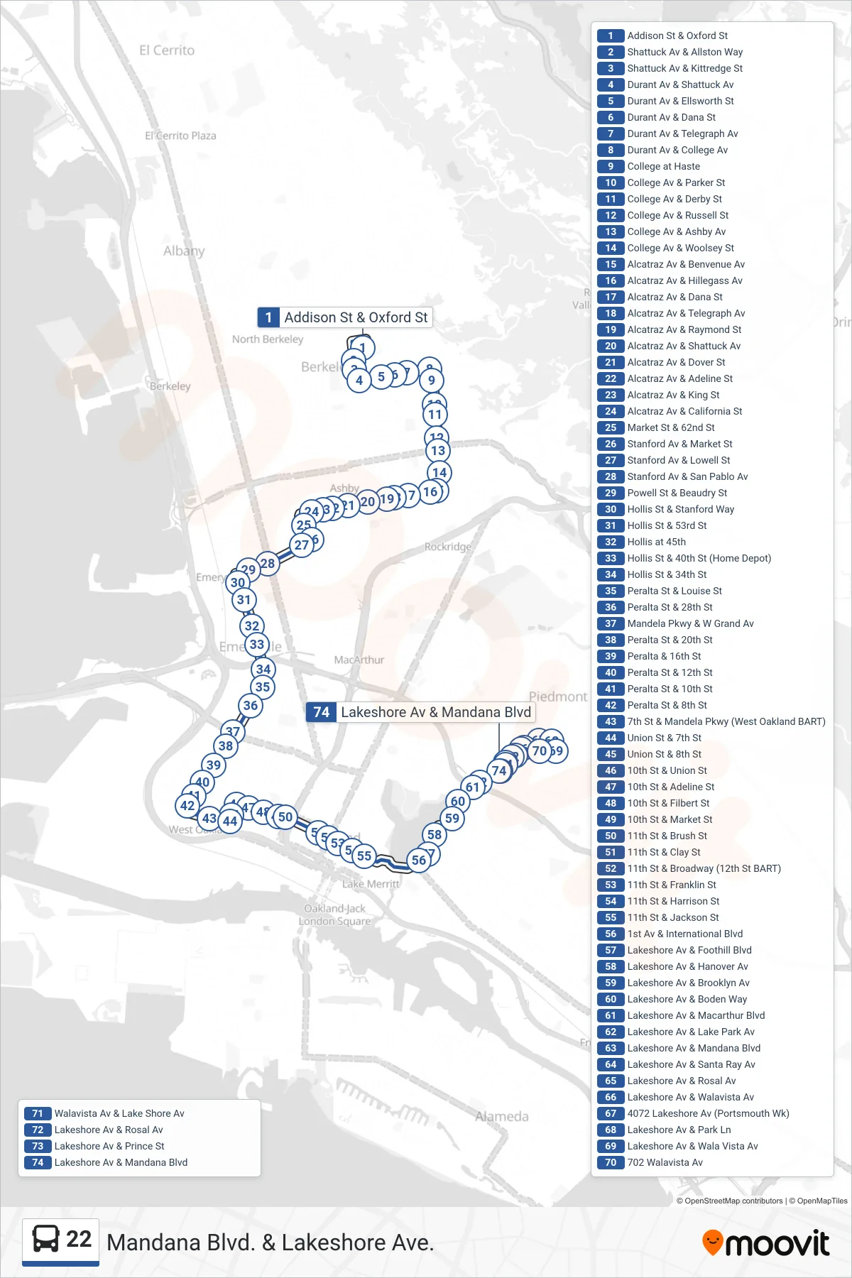 22 bus Line (Mandana Blvd. & Lakeshore Ave.) route and stops on a map