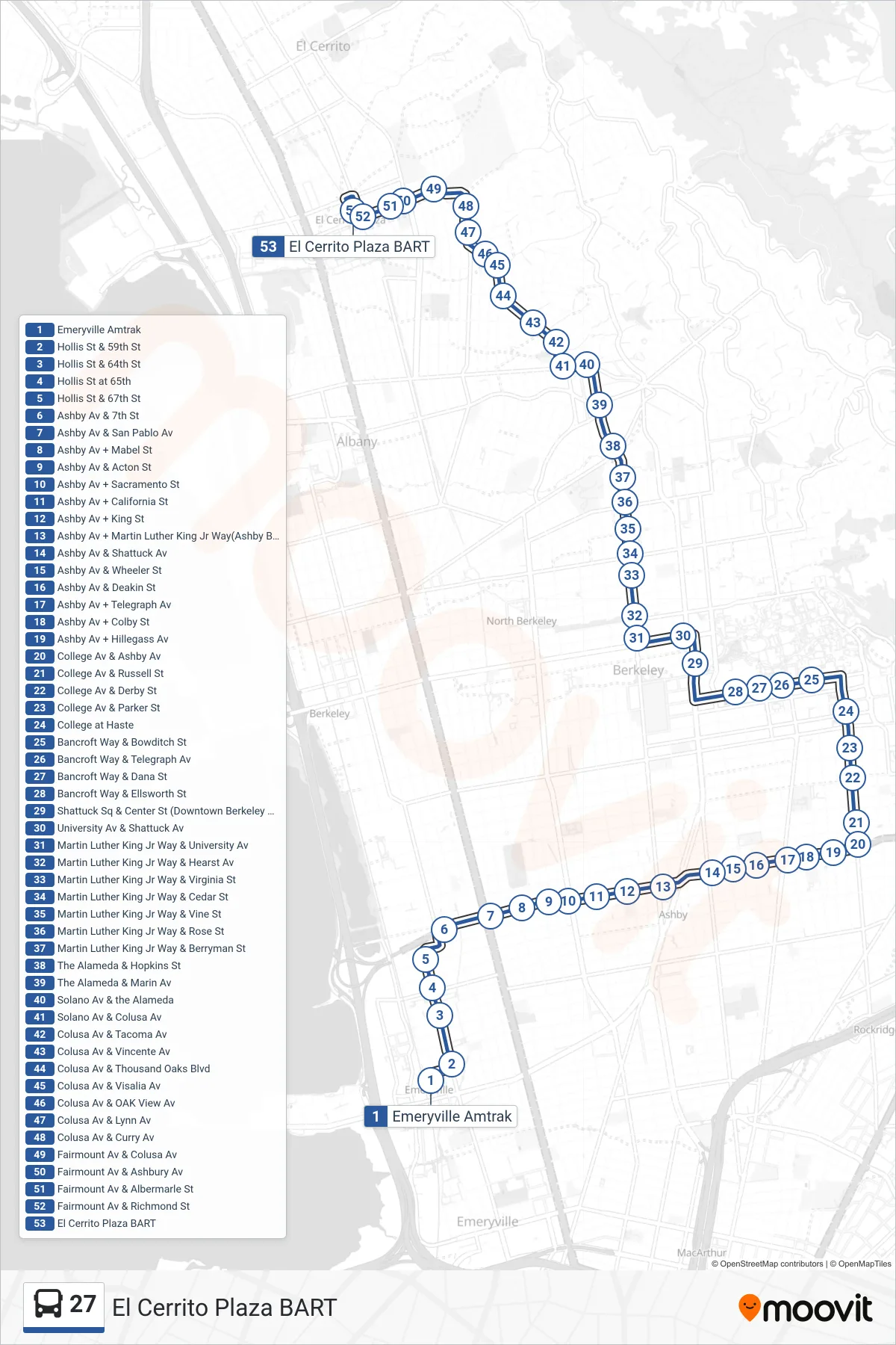 27 bus Line (El Cerrito Plaza BART) route and stops on a map