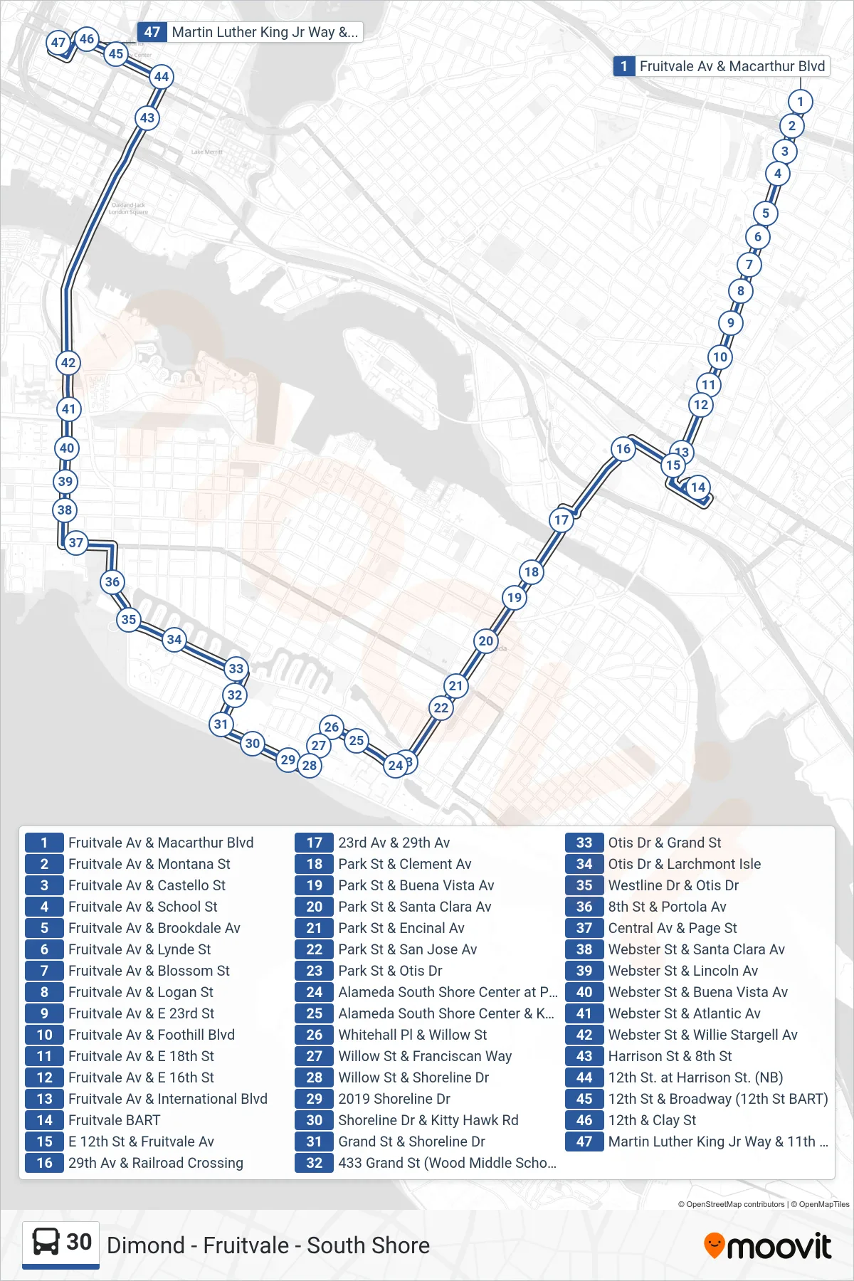 30 bus Line (Downtown Oakland) route and stops on a map