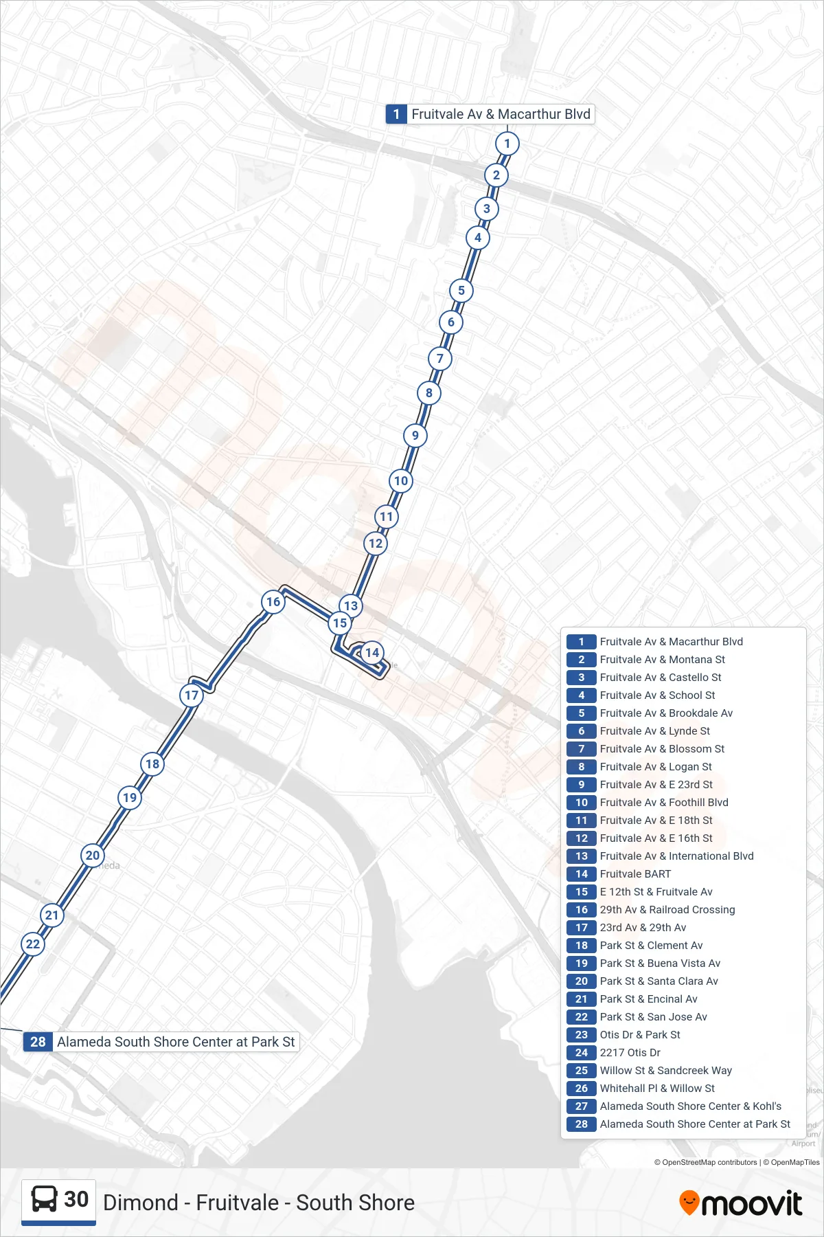 30 bus Line (Alameda South Shore Center) route and stops on a map