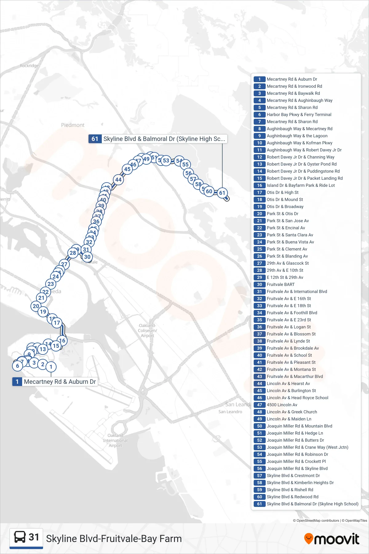 31 bus Line (Skyline High School) route and stops on a map