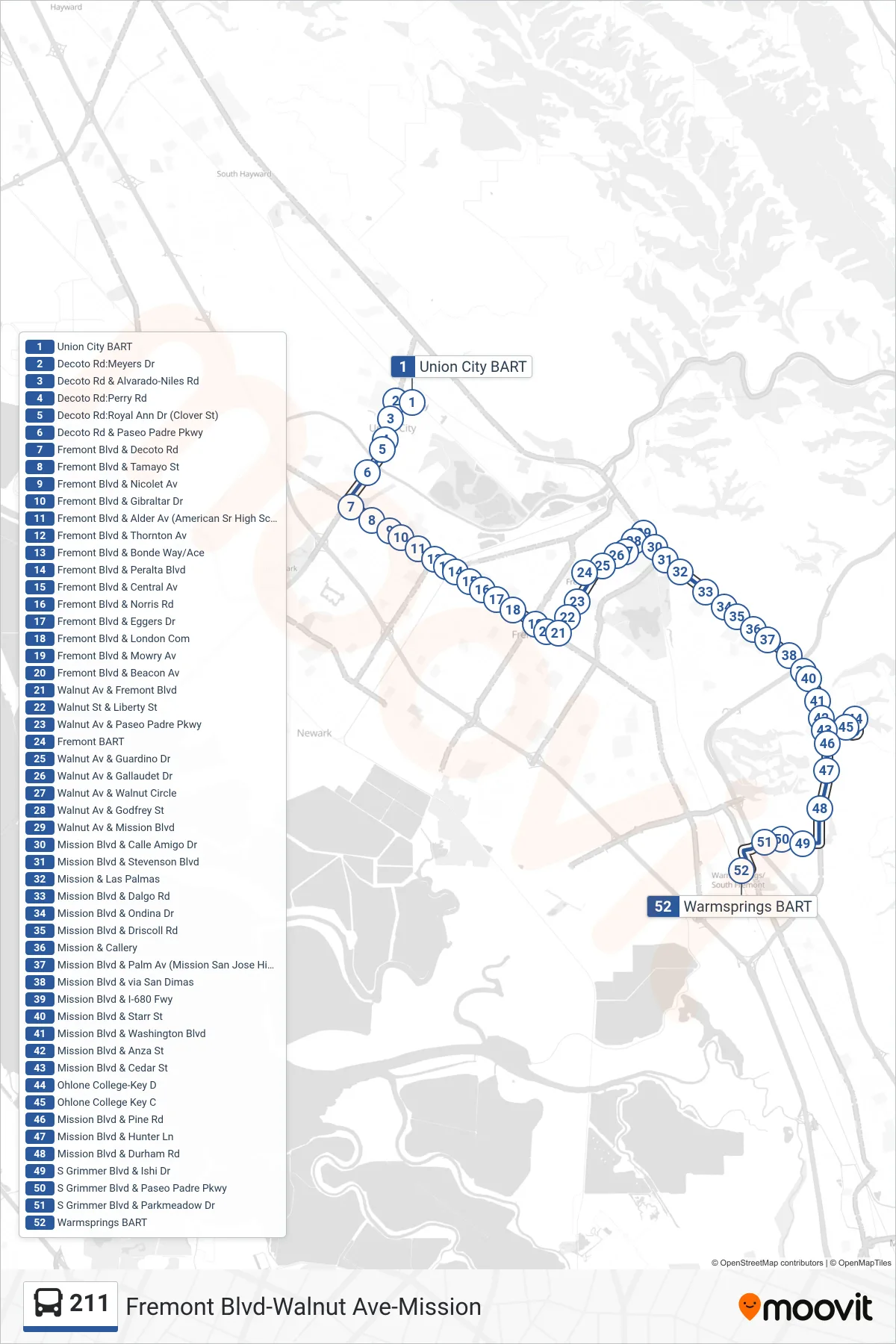211 bus Line (Warm Springs/South Fremont BART) route and stops on a map