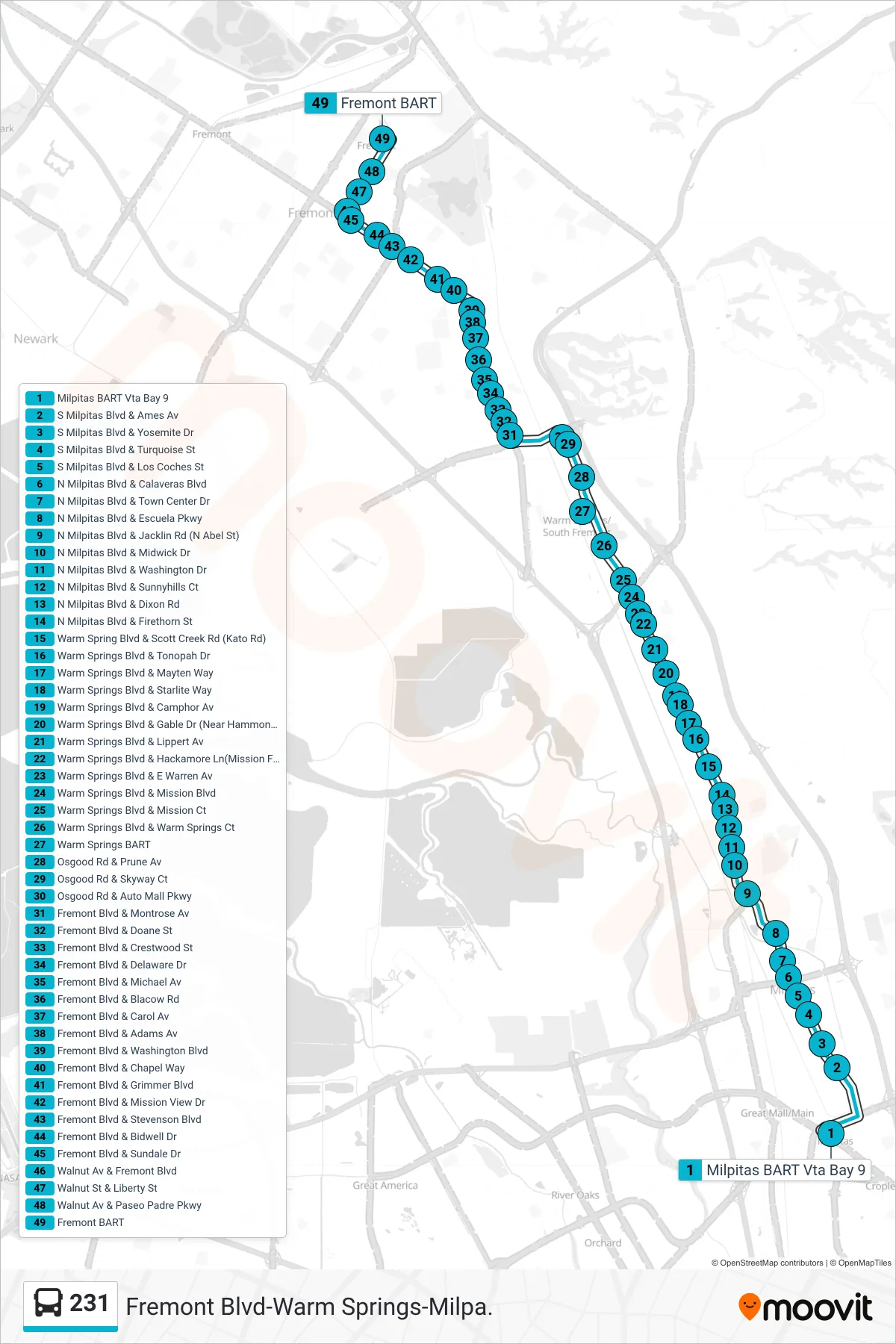 231 bus Line (Fremont BART) route and stops on a map