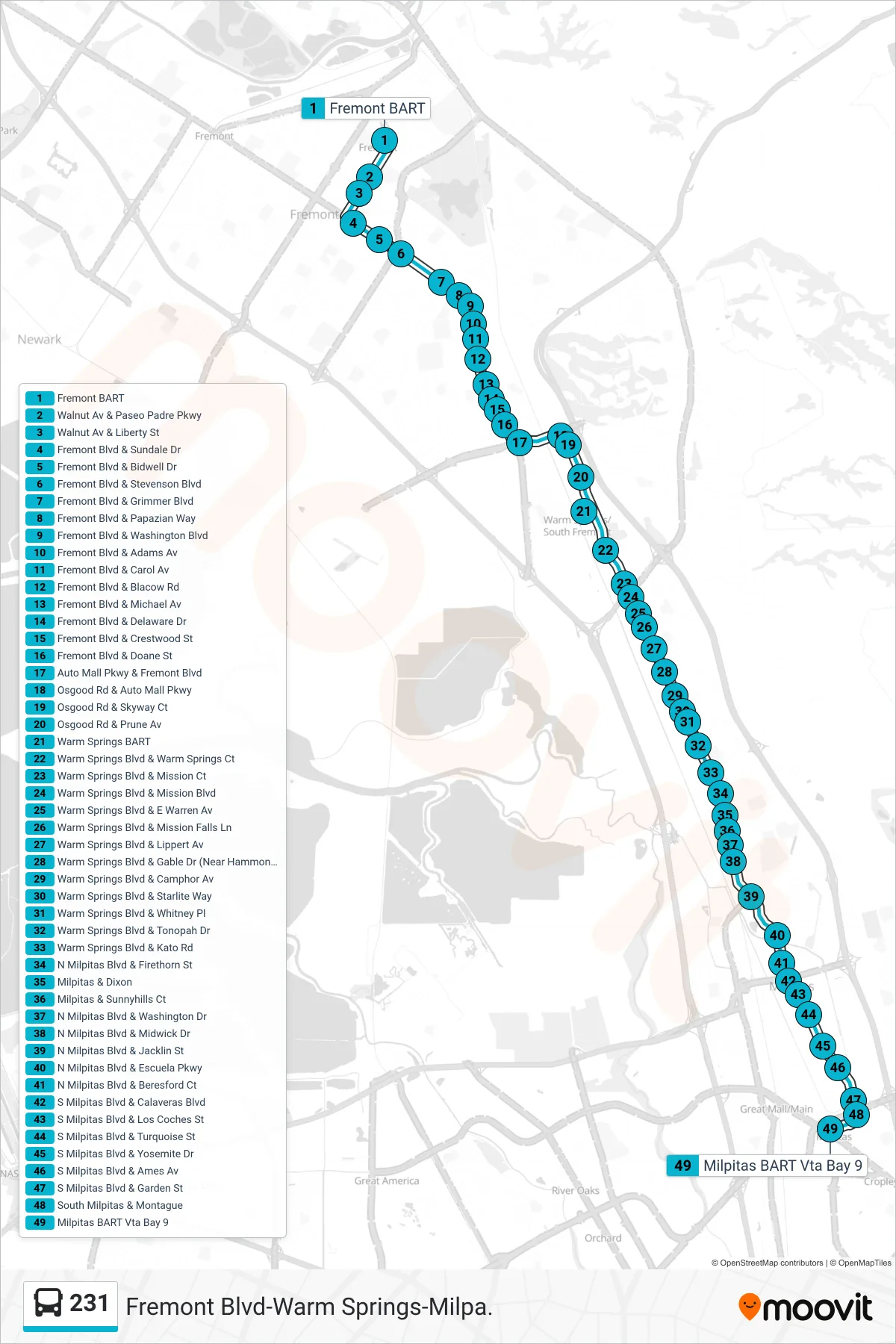 231 bus Line (Milpitas BART) route and stops on a map