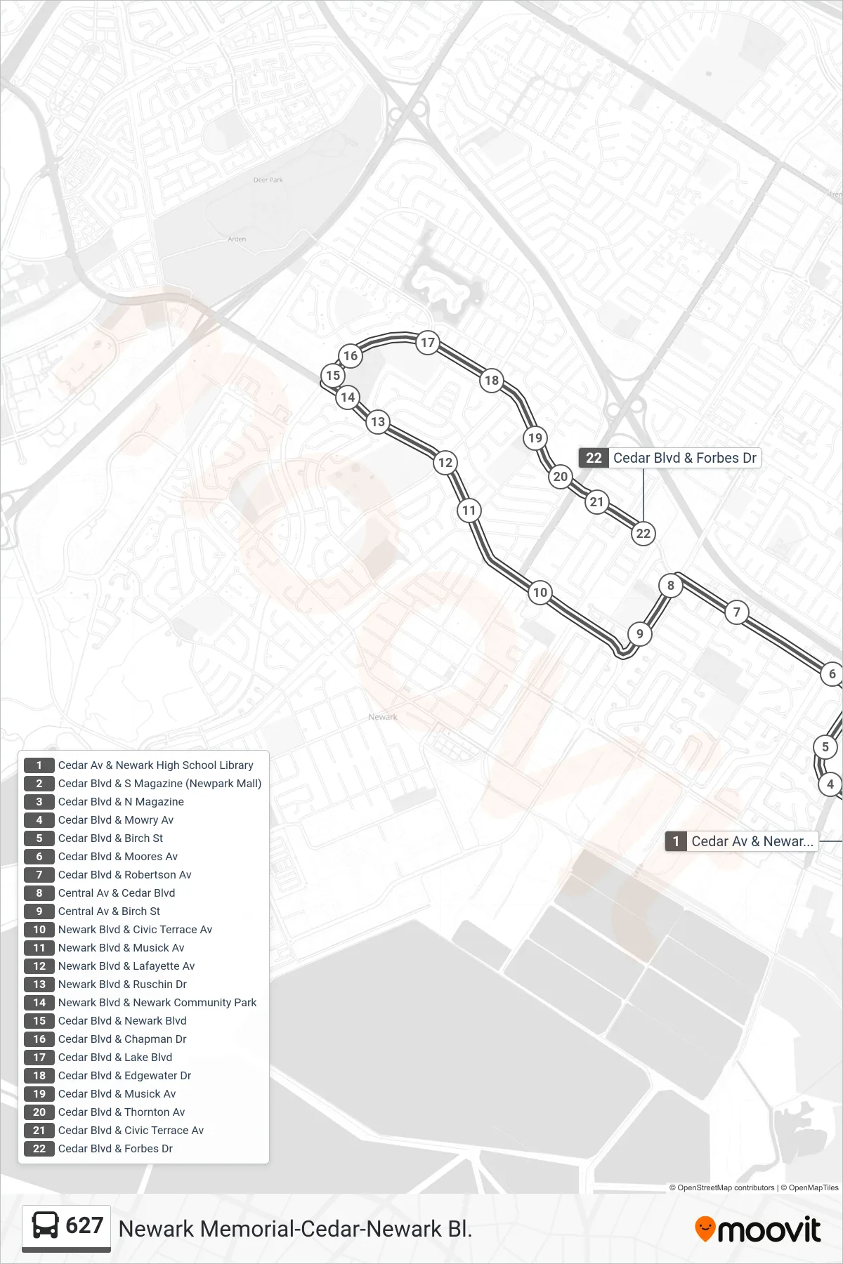 627 bus Line (Cedar Blvd. & Forbes Dr.) route and stops on a map
