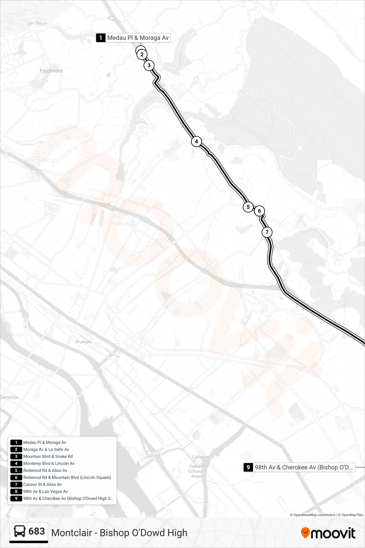 683 bus Line (Bishop O'Dowd High School) route and stops on a map