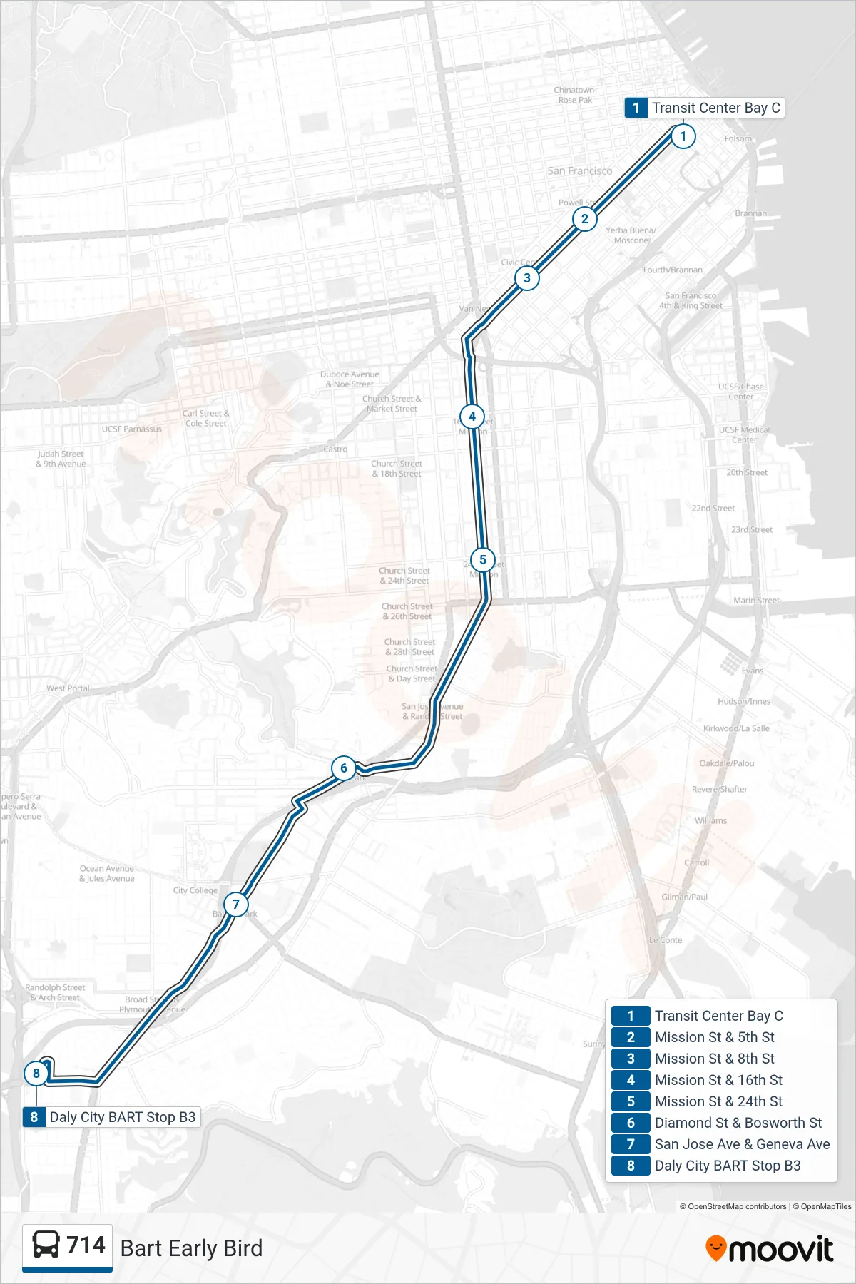 714 bus Line (Daly City BART) route and stops on a map